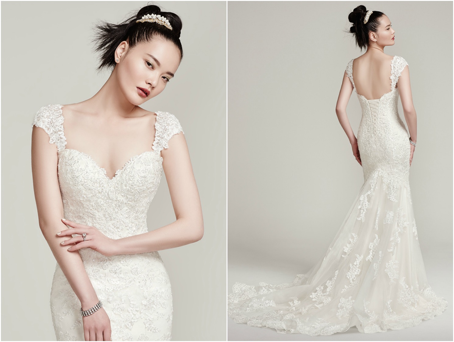 Lightly embellished lace and the dramatic scalloped hemline and train create a simply stunning fit and flare wedding dress. Finished with sweetheart neckline and corset closure or covered buttons over zipper closure. Detachable lace cap-sleeves and veil sold separately. 

<a href="https://www.maggiesottero.com/sottero-and-midgley/ireland/9856" target="_blank">Sottero &amp; Midgley</a>