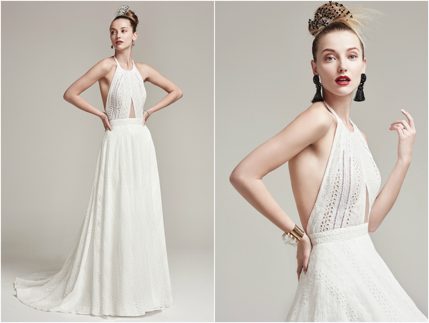 Exquisitely simple and unabashedly daring, this eyelet lace A-line wedding dress features a statement-making cut-out halter neckline complete with dramatic open back and sweeping train. Finished with covered buttons over zipper closure.

<a href="https://www.maggiesottero.com/sottero-and-midgley/nicole/9874" target="_blank">Sottero &amp; Midgley</a>