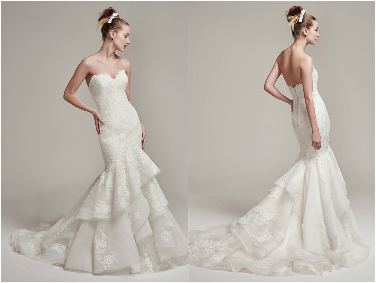 Lace motifs add sophisticated elegance to this fit and flare wedding dress, featuring a strapless sweetheart neckline and layered Fallow organza skirt and train. Complete with crystal buttons over zipper and inner corset closure. Also available, an illusion lace bodysuit with three-quarter length sleeves. Bodysuit sold separately. 

<a href="https://www.maggiesottero.com/sottero-and-midgley/moriah/9872" target="_blank">Sottero &amp; Midgley</a>