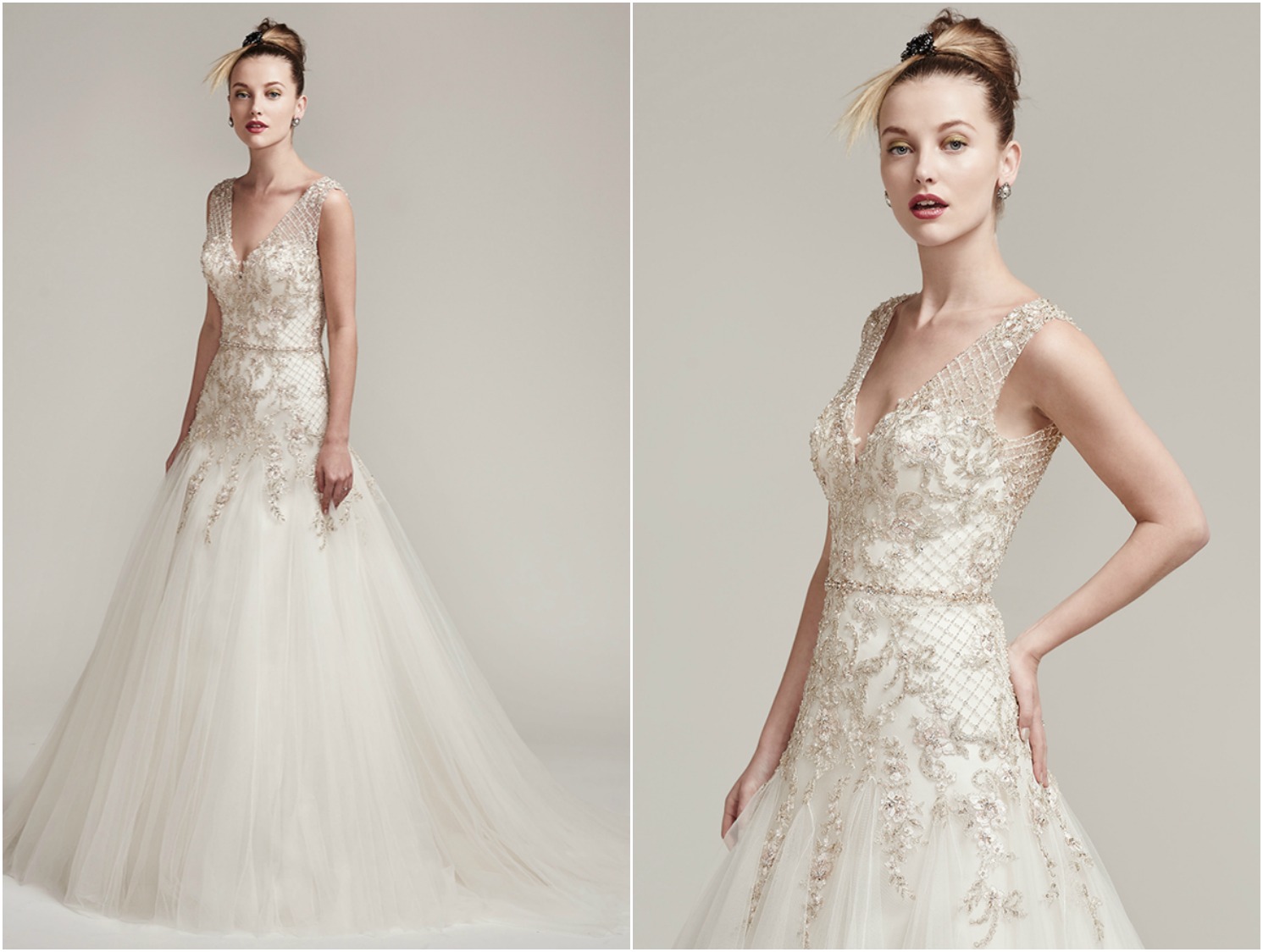 Tulle adds lightweight luxury to this breathtaking A-line wedding dress, featuring crosshatch embellishments of metallic threads, Swarovski crystals, and beads. Complete with beaded illusion lace straps, V-neckline plunging back, and beaded belt. Finished with crystal buttons over zipper closure.

<a href="https://www.maggiesottero.com/sottero-and-midgley/shauntelle/9883" target="_blank">Sottero &amp; Midgley</a>