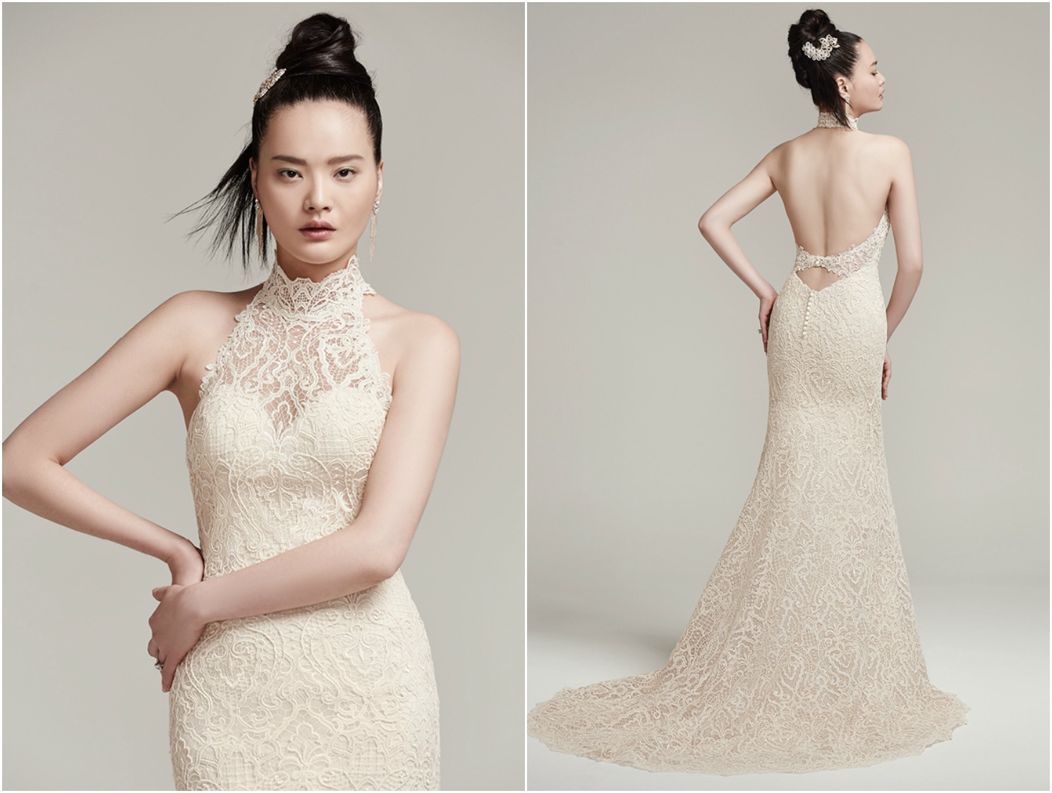 This modern allover lace sheath wedding dress features sexy elements including a statement-making illusion lace halter neckline and daring open back with illusion lace strap. Finished with covered buttons over zipper closure. 

<a href="https://www.maggiesottero.com/sottero-and-midgley/hunter/9855" target="_blank">Sottero &amp; Midgley</a>