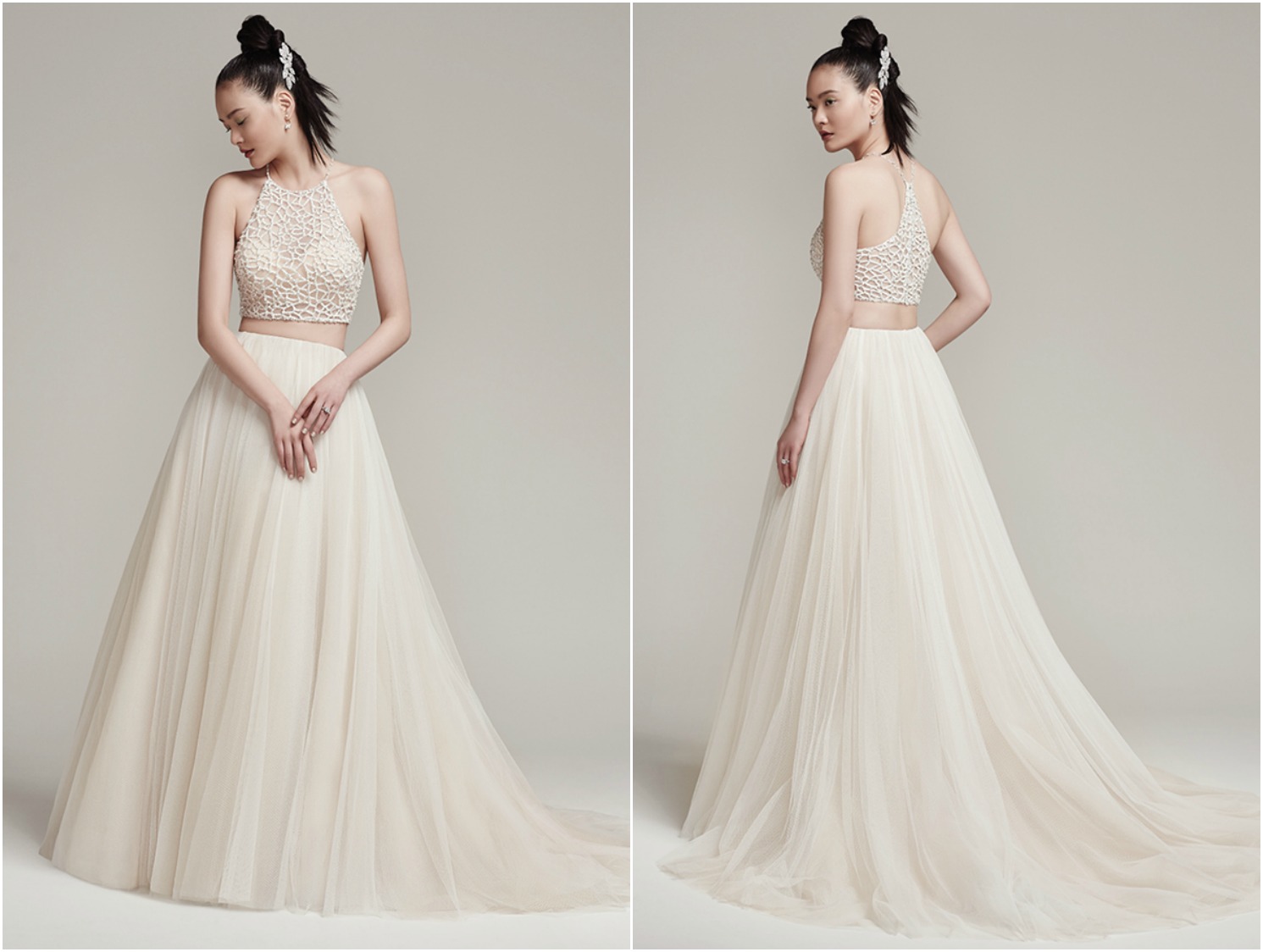 Sophisticated bead encrusted cropped halter with crystal button closure and bandeau lining. Full tulle A-line skirt with zipper closure.

<a href="https://www.maggiesottero.com/sottero-and-midgley/jude-shardea/9965" target="_blank">Sottero &amp; Midgley</a>