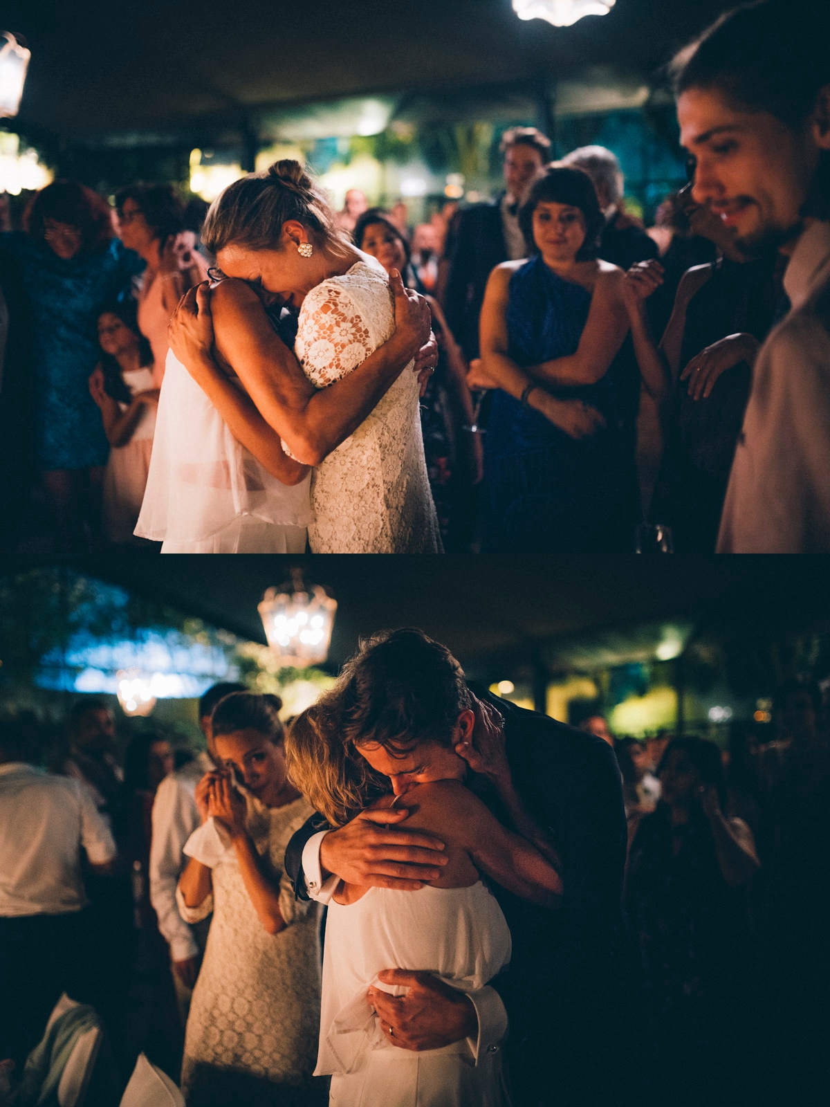 convidados abraçarem noivos no casamento