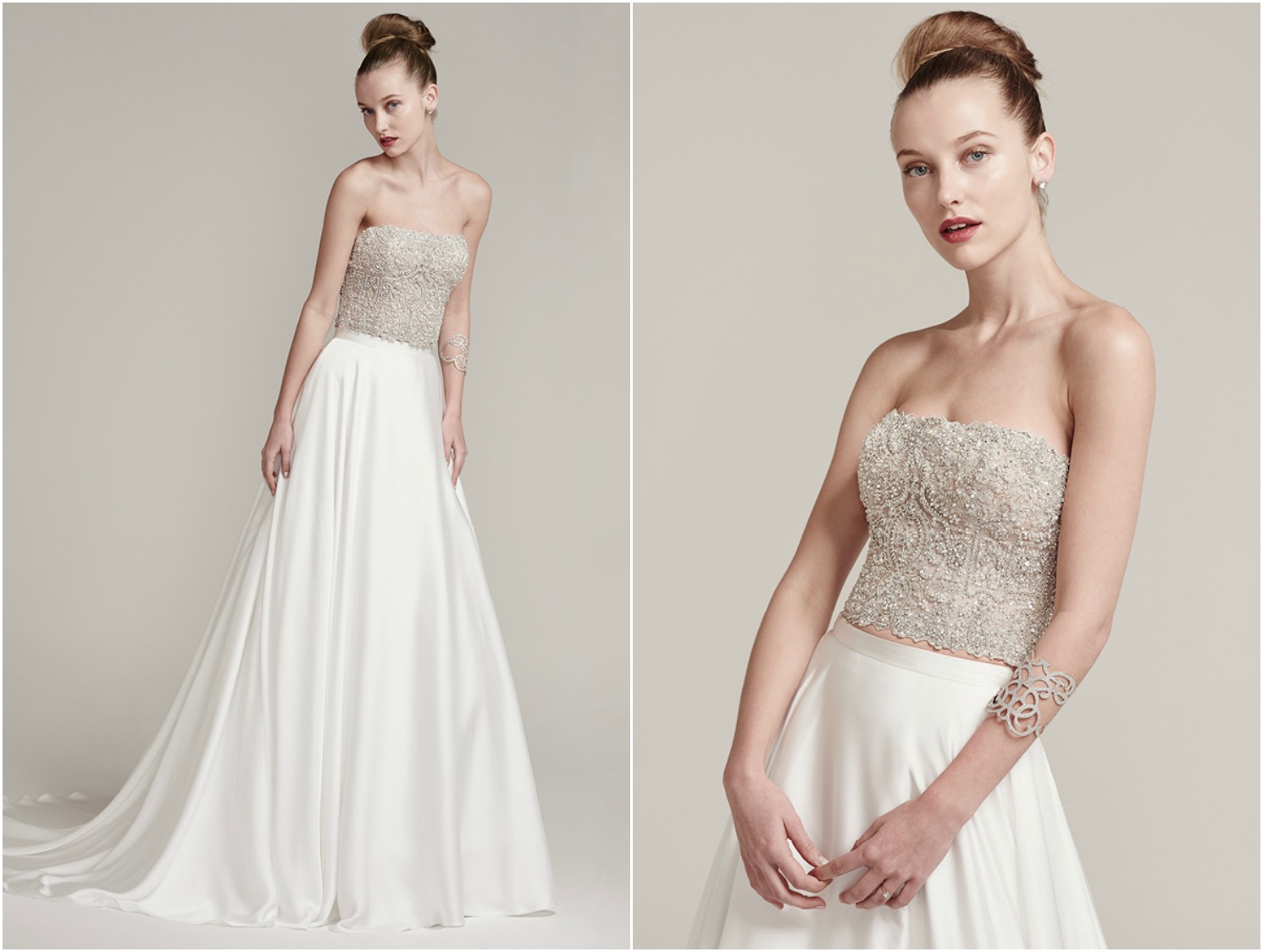 Bead encrusted strapless bodice sparkles with Swarovski crystals. Finished with crystal buttons over zipper closure. Inessa satin A-line skirt with delicate waistband and zipper closure.

<a href="https://www.maggiesottero.com/sottero-and-midgley/rosella-aviana-marie/9962" target="_blank">Sottero &amp; Midgley</a>