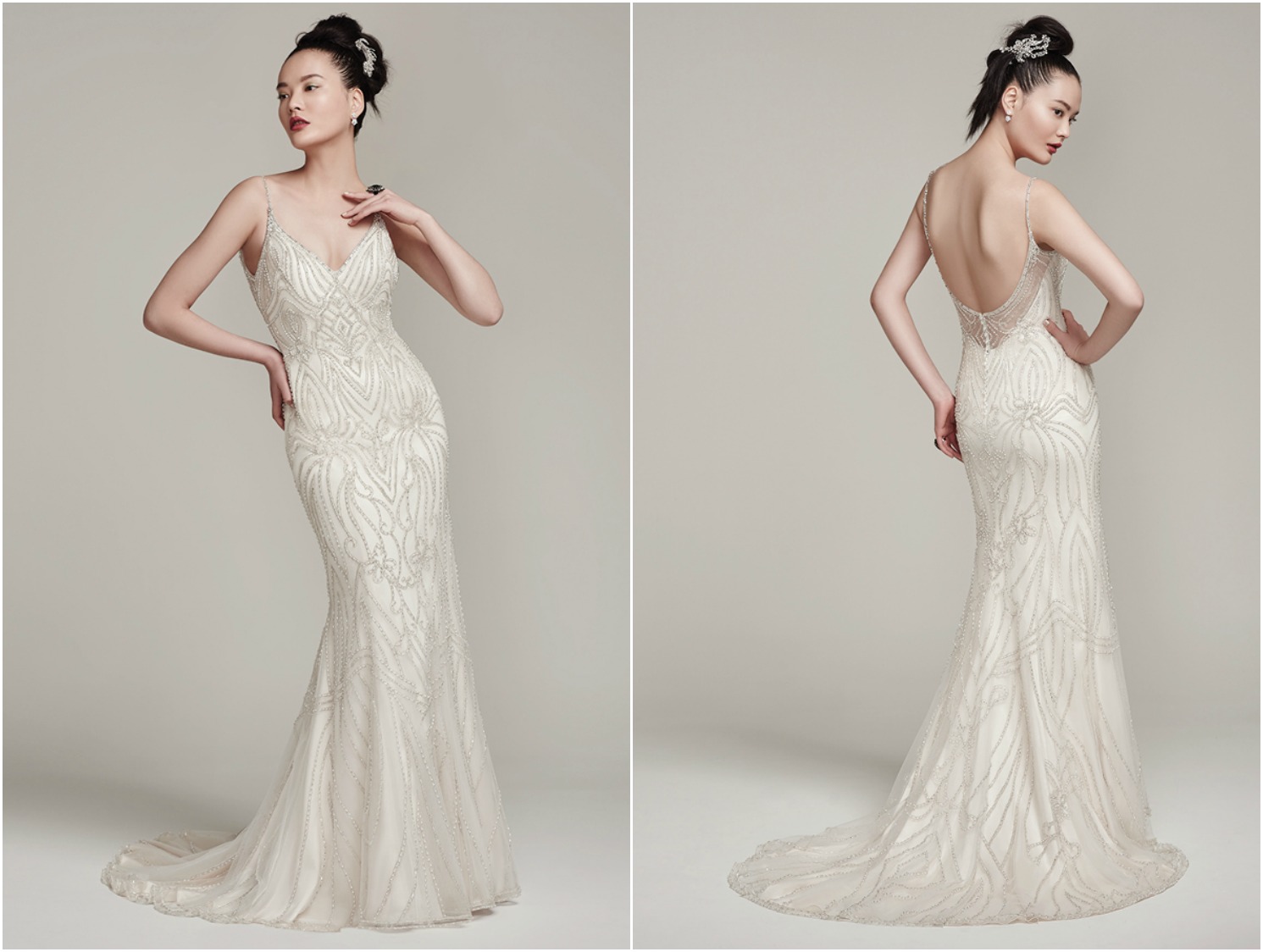 Sexy yet subtle, this chic sheath wedding dress is accented with embroidery and features Swarovski crystals embellishing the bodice and delicate spaghetti straps before falling into a plunging illusion back. Finished with crystal buttons over zipper closure.

<a href="https://www.maggiesottero.com/sottero-and-midgley/mikelle/9871" target="_blank">Sottero &amp; Midgley</a>