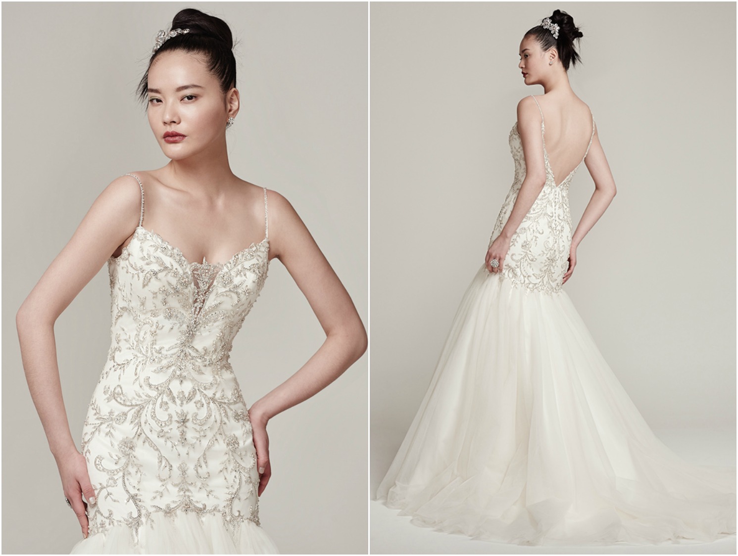 An elaborately embroidered bodice with Swarovski crystals and beading meets a soft tulle skirt, creating this updated fit and flare wedding dress. Complete with beaded spaghetti straps, embellished illusion lace V-neckline and plunging V-back. Finished with crystal buttons over zipper closure. 

<a href="https://www.maggiesottero.com/sottero-and-midgley/thaylia/9887" target="_blank">Sottero &amp; Midgley</a>
