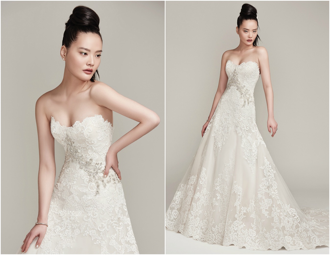 Embroidered lace and tulle add luxurious dimension to this full A-line wedding dress with scalloped scoop neckline and hemline and Swarovski crystal embellishment accenting the natural waist. Finished with crystal buttons over zipper with inner corset closure.

<a href="https://www.maggiesottero.com/sottero-and-midgley/walker/9888" target="_blank">Sottero &amp; Midgley</a>