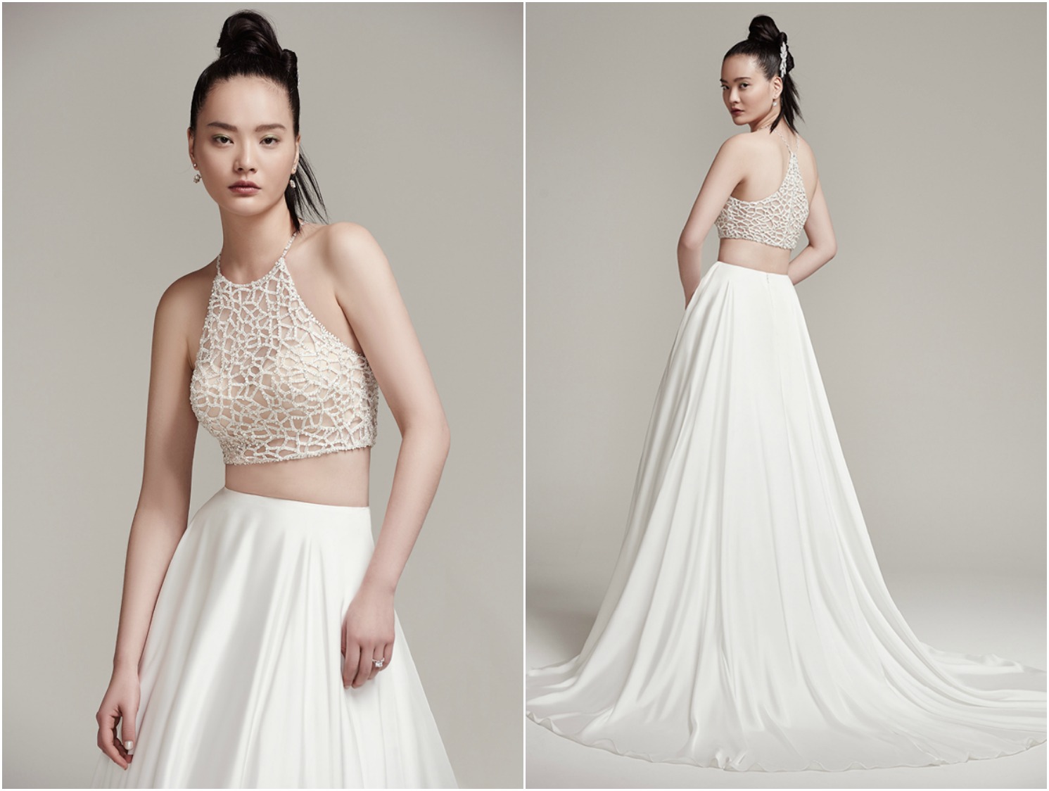 Sophisticated bead encrusted cropped halter with crystal button closure and bandeau lining. Inessa satin A-line skirt with zipper closure.

<a href="https://www.maggiesottero.com/sottero-and-midgley/jude-aviana/9966" target="_blank">Sottero &amp; Midgley</a>