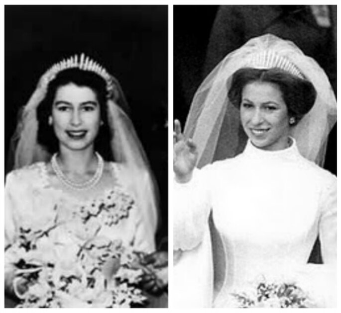 A Rainha Isabel II e a Princesa Ana, mãe e filha, ambas casaram com a tiara Fringe. 