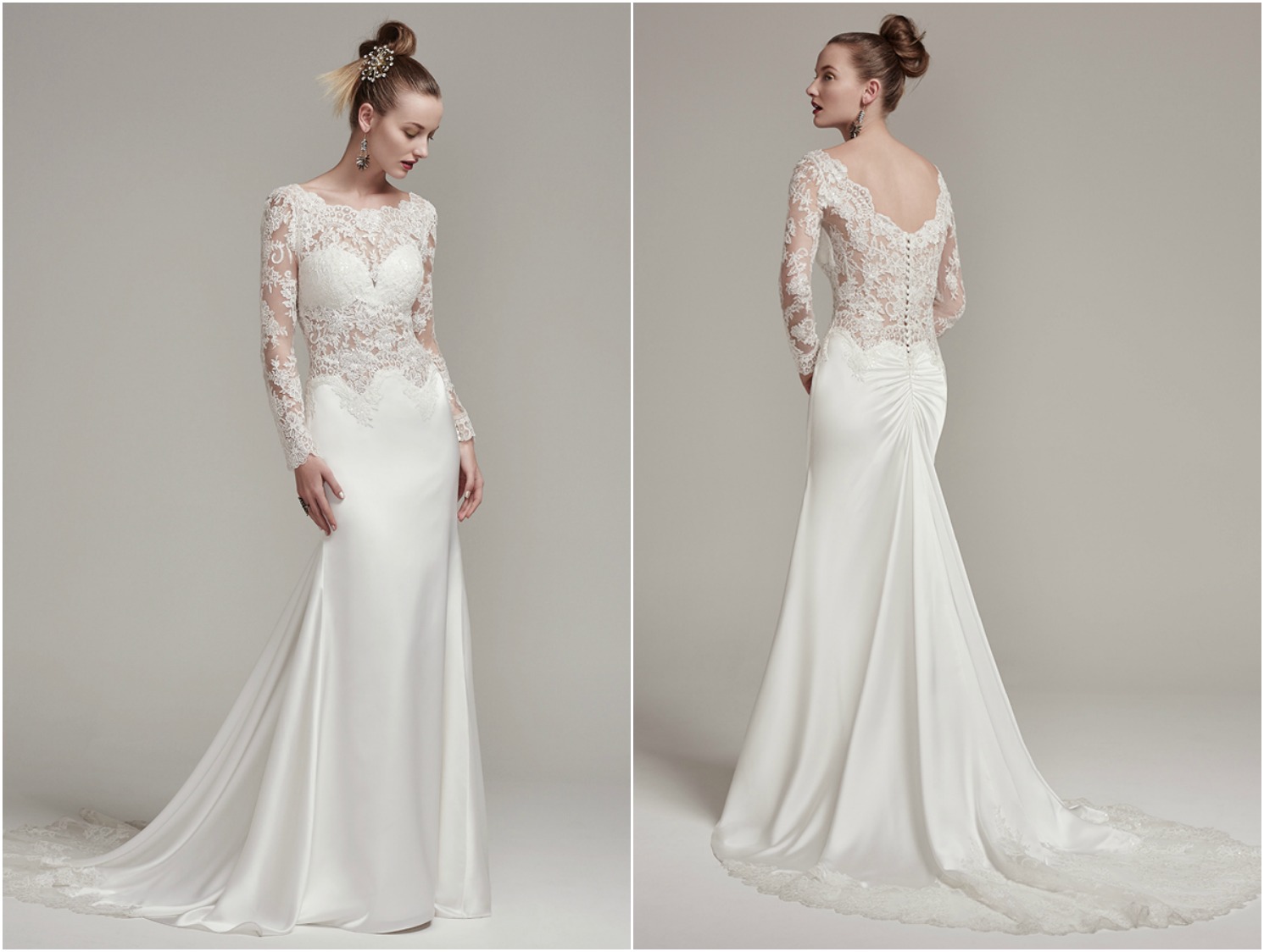 Illusion lace accented with a stunning scalloped lace bateau neckline and long sleeves adds chic sophistication to this Belize satin sheath wedding dress, complete with a detailed illusion lace trimmed train and ruching. Finished with covered buttons over zipper closure. 

<a href="https://www.maggiesottero.com/sottero-and-midgley/fiona-rose/9854" target="_blank">Sottero &amp; Midgley</a>