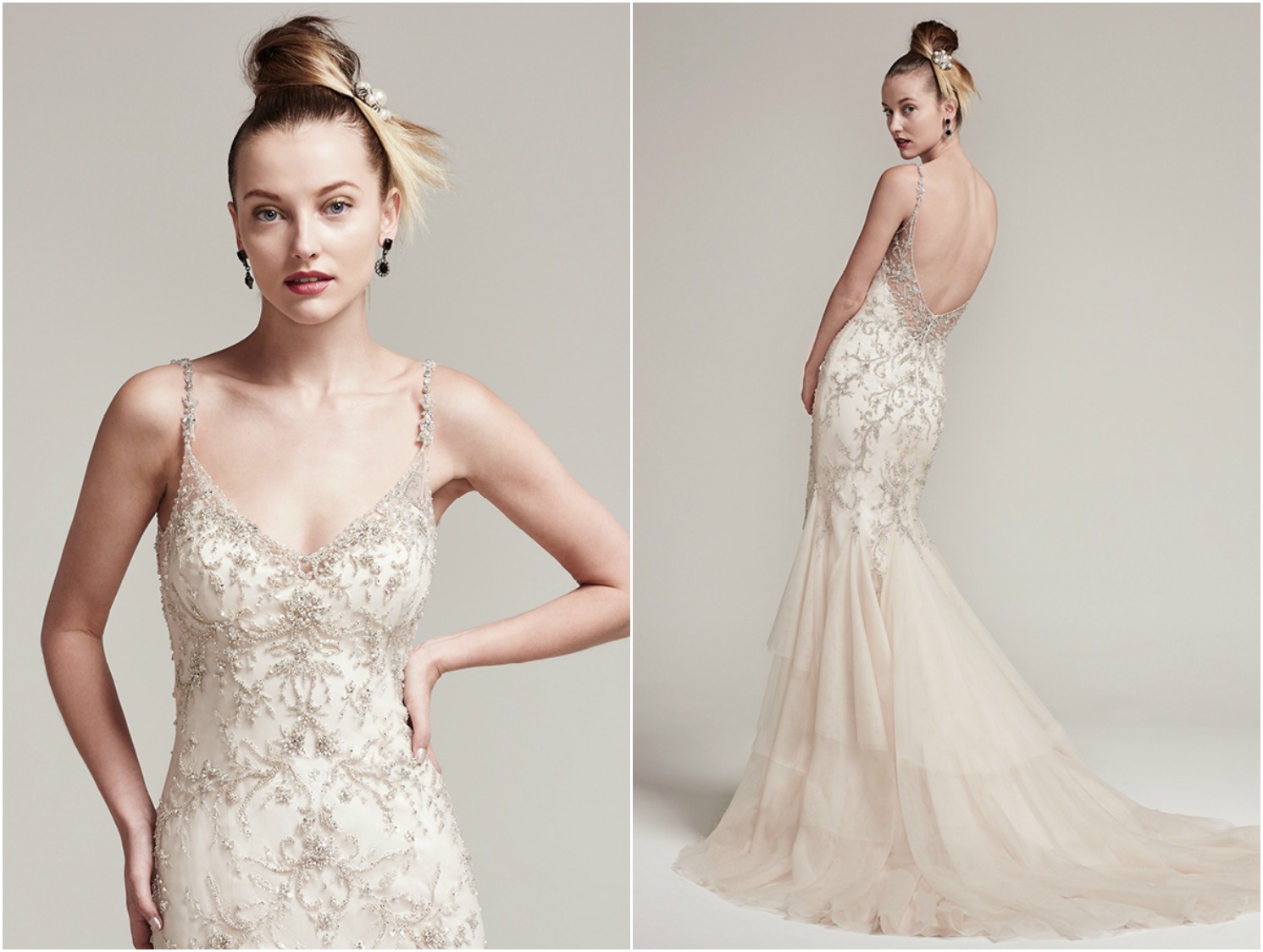 Pearls and Swarovski crystals add an extra dose of drama and dimension to this tulle fit and flare wedding dress, complete with bead encrusted spaghetti straps and V-neckline seamlessly flowing into a tiered-godet skirt. Finished with embellished illusion back and crystal buttons over zipper closure. 

<a href="https://www.maggiesottero.com/sottero-and-midgley/erin/9850" target="_blank">Sottero &amp; Midgley</a>