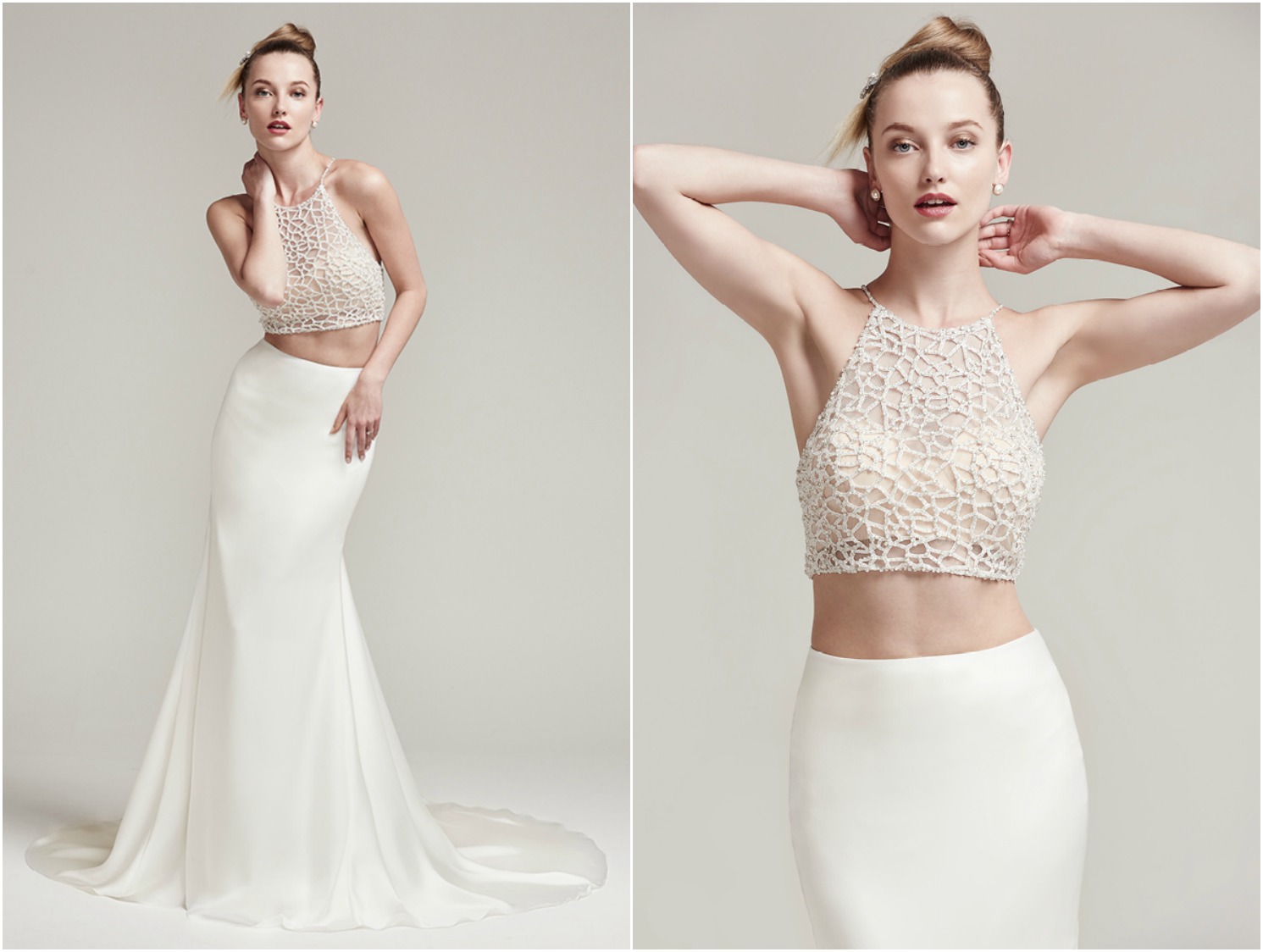 Sophisticated bead encrusted cropped halter with crystal button closure and bandeau lining. Orion Crepe back satin sheath skirt with zipper closure.

<a href="https://www.maggiesottero.com/sottero-and-midgley/jude-alliett/9964" target="_blank">Sottero &amp; Midgley</a>