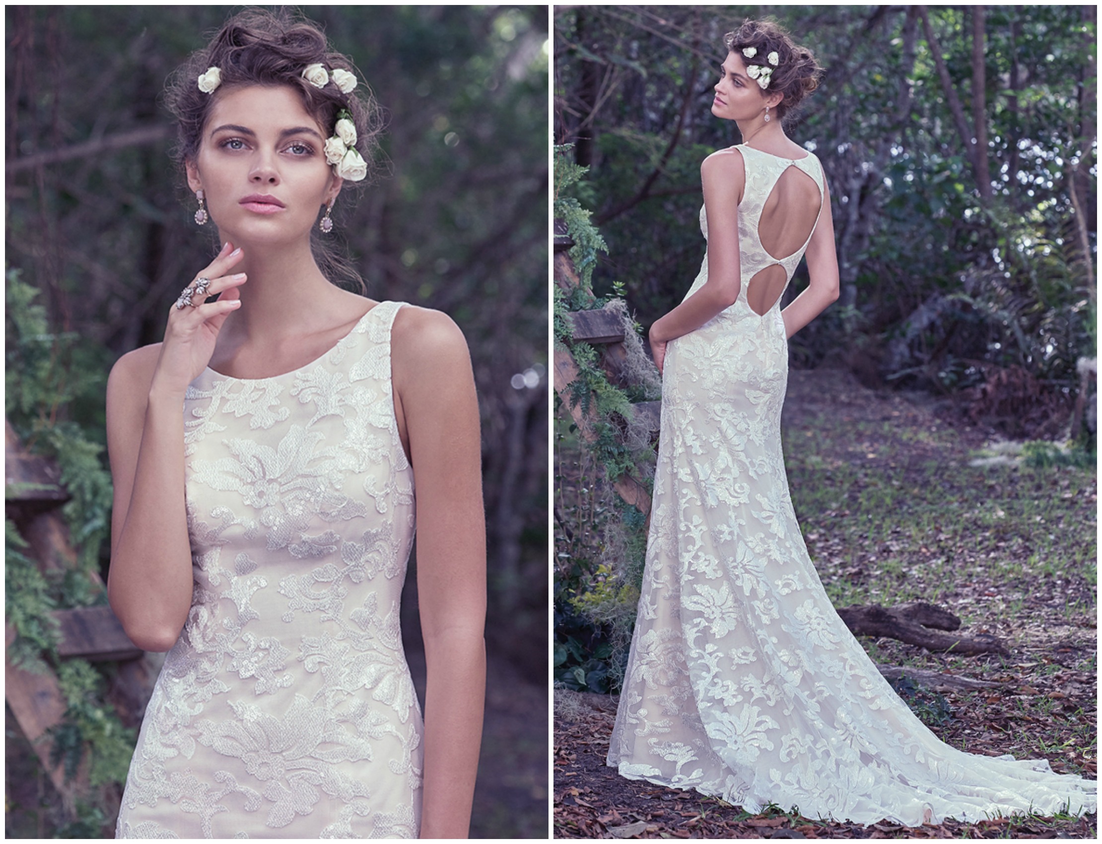 A chic scoop neckline and dramatic double keyhole back, with crystal buttons, add a fresh twist to this sheath wedding dress, embellished with embroidered, sequined floral lace. Finished with an invisible zipper. 

<a href="https://www.maggiesottero.com/maggie-sottero/rhoda/9759" target="_blank">Maggie Sottero</a>