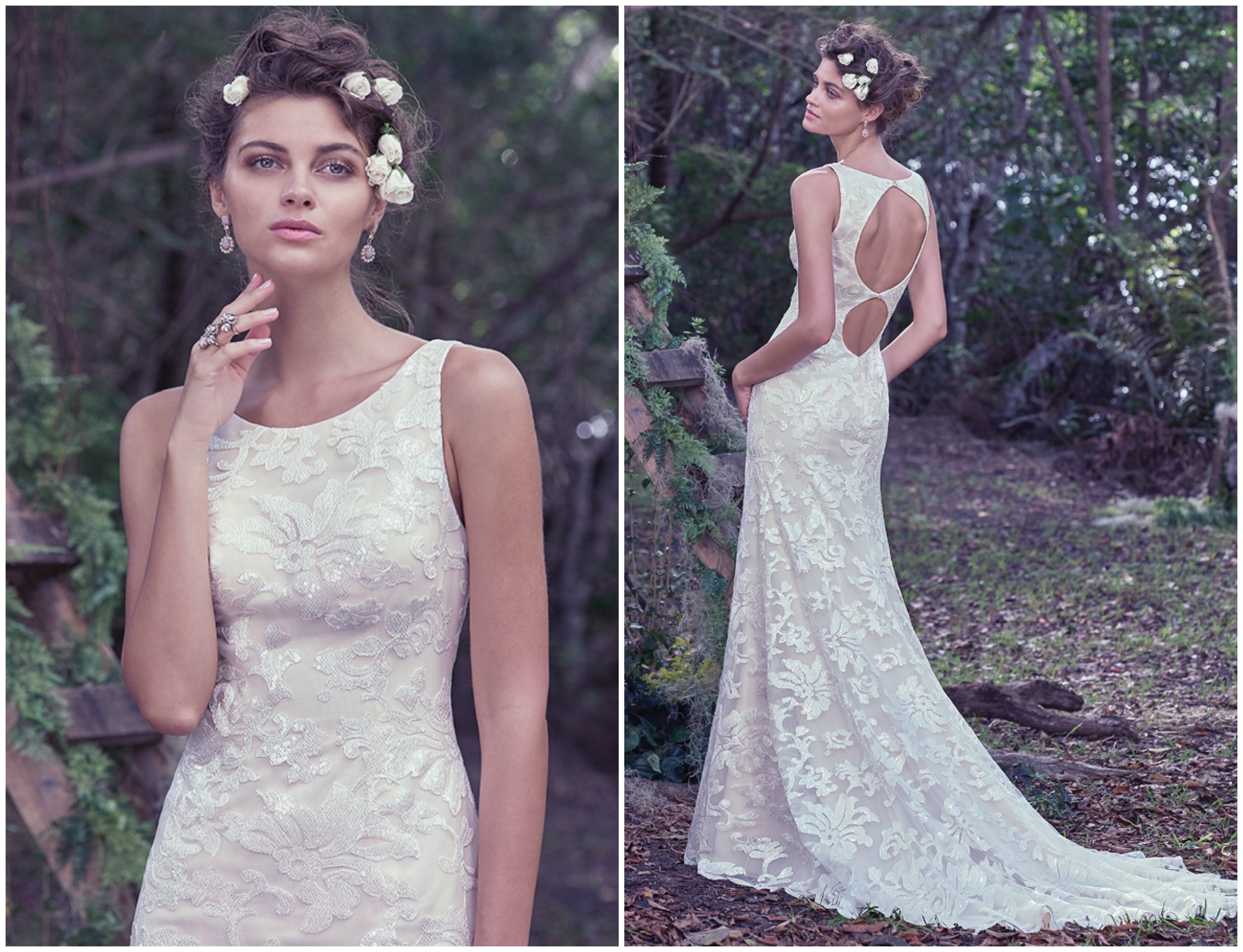 A chic scoop neckline and dramatic double keyhole back, with crystal buttons, add a fresh twist to this sheath wedding dress, embellished with embroidered, sequined floral lace. Finished with an invisible zipper.
<a href="https://www.maggiesottero.com/maggie-sottero/rhoda/9759" target="_blank">Maggie Sottero</a>