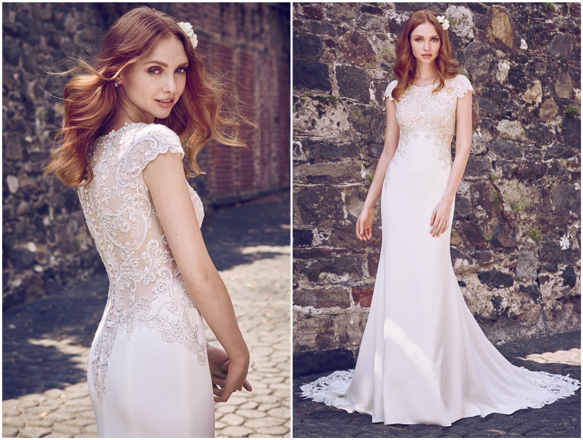 Este glamoroso vestido justo ao corpo é composto por uma elegante saia em crepe que termina com uma bainha de aplicações de renda. Um fabuloso corpo com transparências cobertas por intricadas rendas e pedraria cintilante ao longo de todo o decote redondo, mangas e costas. Acabamentos com botões de cristais sobre fecho zíper. <a href="https://www.maggiesottero.com/maggie-sottero/odette-marie/11181?utm_source=zankyou&utm_medium=gowngallery" target="_blank">Maggie Sottero</a>