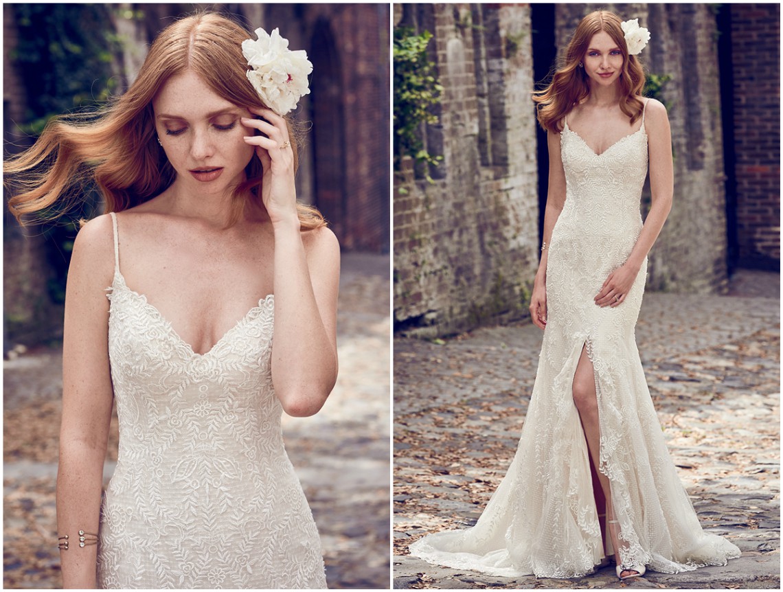 Camadas de renda delicada e texturas de tule compõem este vestido de noiva fit-and-flare com decote em V, alças finas e uma racha à frente. Acabamentos com botões forrados sobre fecho zíper e fecho interior elástico. <a href="https://www.maggiesottero.com/maggie-sottero/calista/11161?utm_source=zankyou&utm_medium=gowngallery" target="_blank">Maggie Sottero</a>