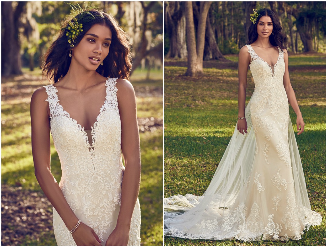 Motivos de renda dançam sobre tule neste vestido de noiva justo ao corpo, que acentua o decote pronunciado em V, as alças rendadas de ilusão e o fabuloso decote ilusão das costas. Acabamentos com botões forrados sobre fecho zíper. A cauda destacável de tule com rendado é vendida separadamente. <a href="https://www.maggiesottero.com/maggie-sottero/bernadine/11158?utm_source=zankyou&utm_medium=gowngallery" target="_blank">Maggie Sottero</a>