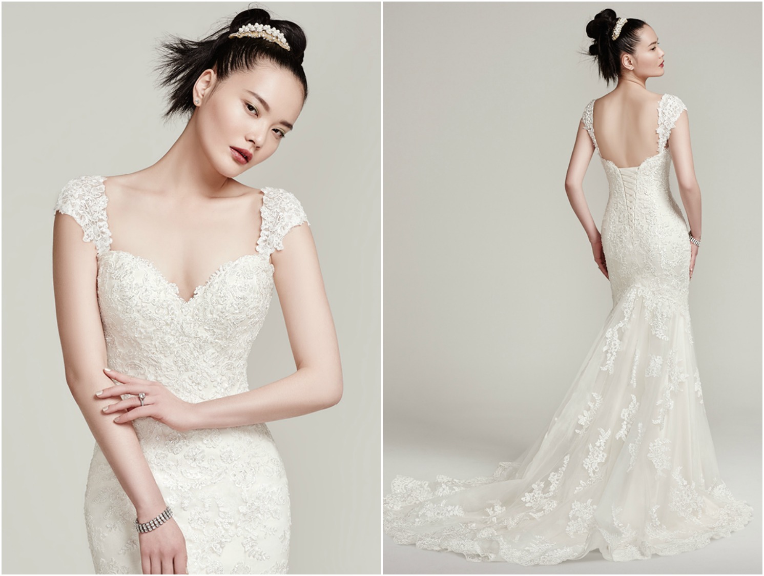 Lightly embellished lace and the dramatic scalloped hemline and train create a simply stunning fit and flare wedding dress. Finished with sweetheart neckline and corset closure or covered buttons over zipper closure. Detachable lace cap-sleeves and veil sold separately.
<a href="https://www.maggiesottero.com/sottero-and-midgley/ireland/9856" target="_blank">Sottero & Midgley</a>
