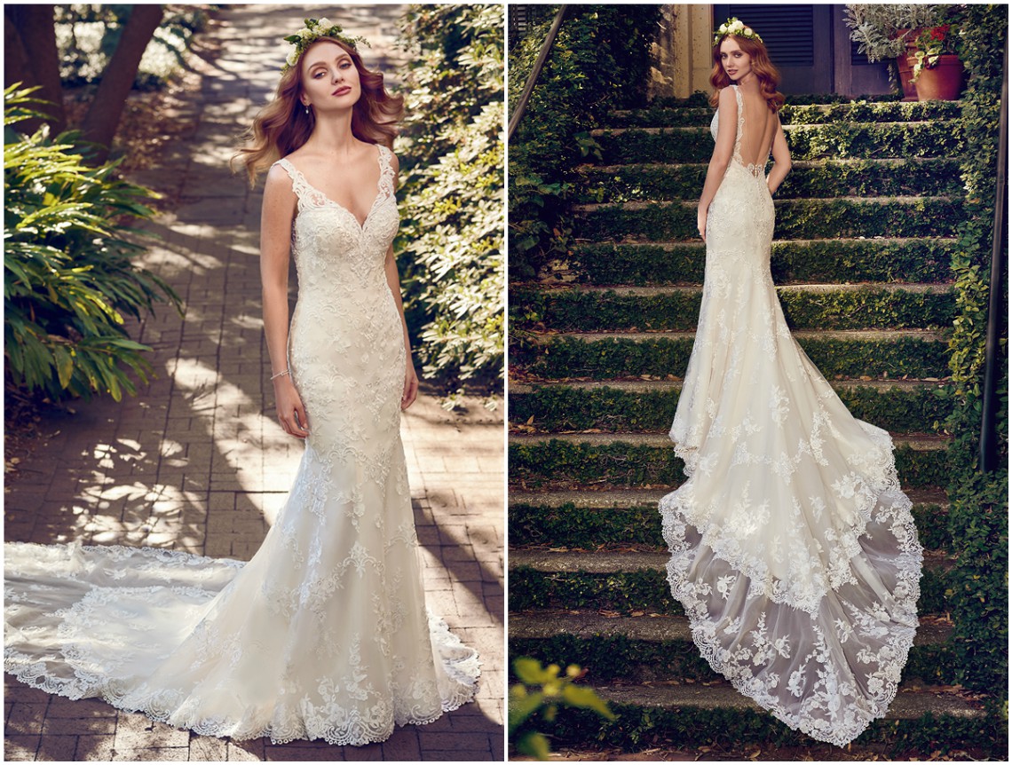 Renda brilhante adorna este vestido de noiva em tule corte sereia, completo com decote em V, decote ilusão nas costas e alças transparentes. Acabamentos com botões forrados sobre fecho zíper. <a href="https://www.maggiesottero.com/maggie-sottero/zamara/11200?utm_source=zankyou&utm_medium=gowngallery" target="_blank">Maggie Sottero</a>