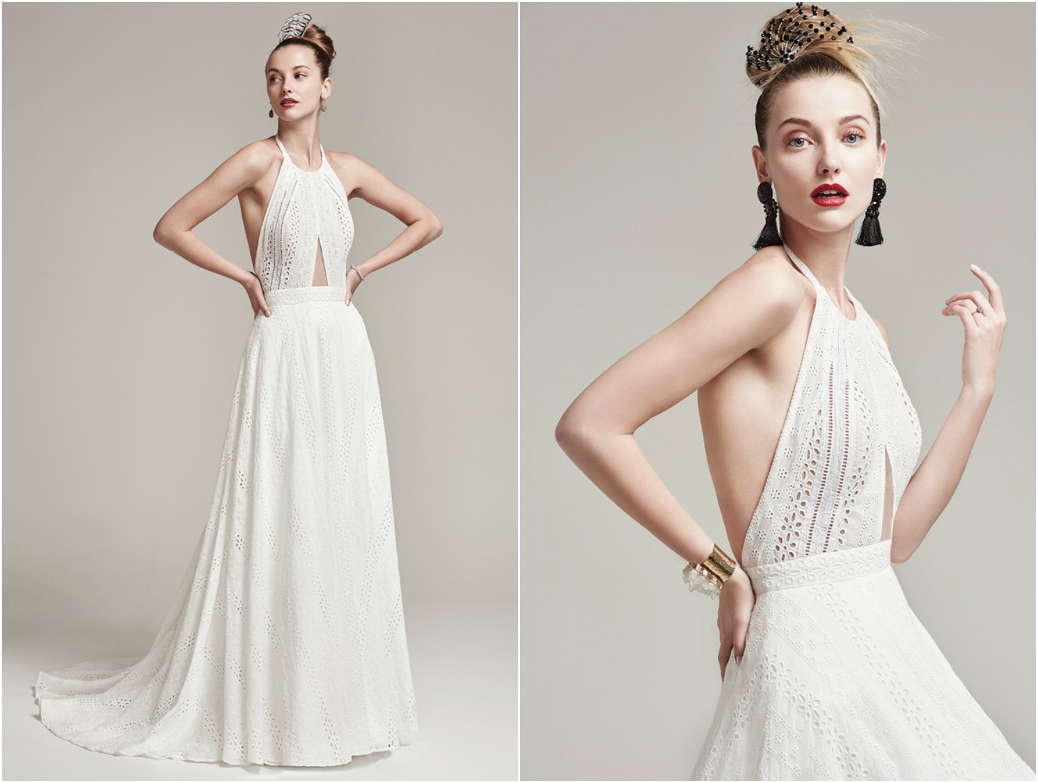 Exquisitely simple and unabashedly daring, this eyelet lace A-line wedding dress features a statement-making cut-out halter neckline complete with dramatic open back and sweeping train. Finished with covered buttons over zipper closure.
<a href="https://www.maggiesottero.com/sottero-and-midgley/nicole/9874" target="_blank">Sottero & Midgley</a>