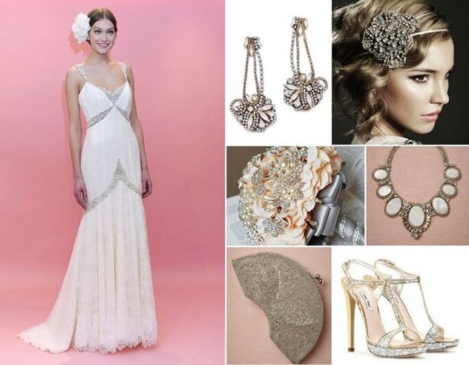 Fotos: Vestido Badgley Mischka Spring 2013; brincos Erick Beamon para Club Monaco, acessório para cabelo Johanna Johnson, bouquet-jóia de LXDesigns via Etsy, colar de Ranjana Khan para BHLDN, clutch de Moyna para BHLDN, sapatos de Miu Miu.