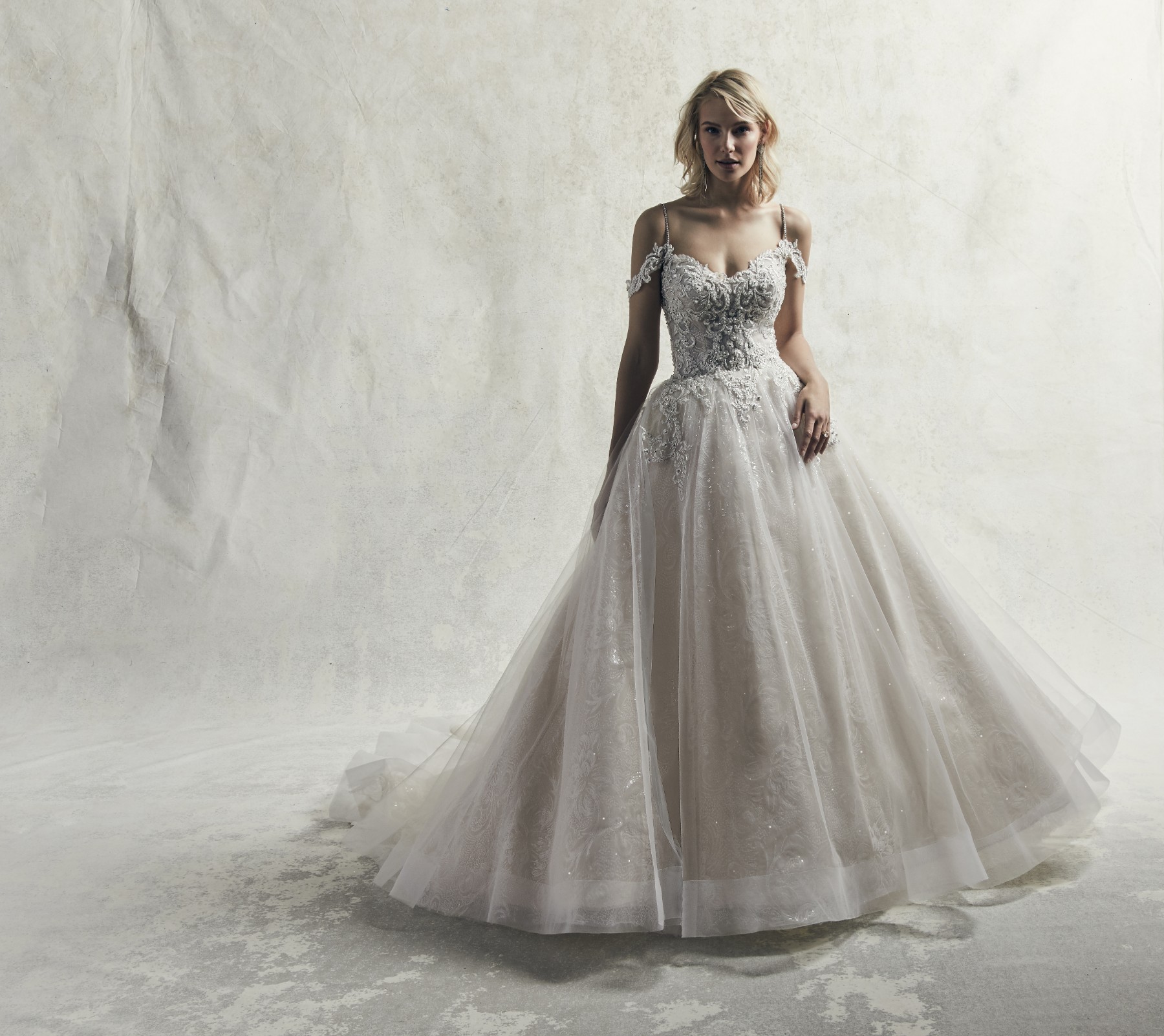 Este vestido de noiva moderna com corte de princesa apresenta várias camadas de pormenores de renda bordados, missangas e cristais Swarovski, que oferecem um destaque a este puro body com decote em U.