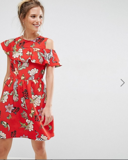 ASOS Ruffle Tea Dress with Open Back in Badge Print (37,84€)