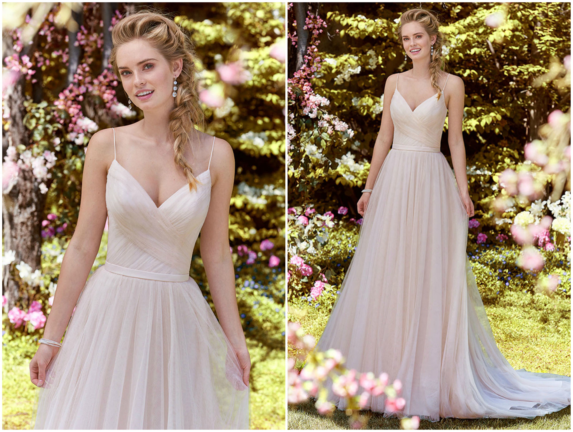 Vestido linha A com camadas de tule que completam o corpete assimétrico, o decote em V, à frente e nas costas. As alças finas e um cinto de tule completam este simples vestido de noiva. Acabamentos com botões forrados sobre no fecho de correr.
<a href="https://www.maggiesottero.com/rebecca-ingram/maxine/11256?utm_source=zankyou&utm_medium=gowngallery" target="_blank">Rebecca Ingram</a>