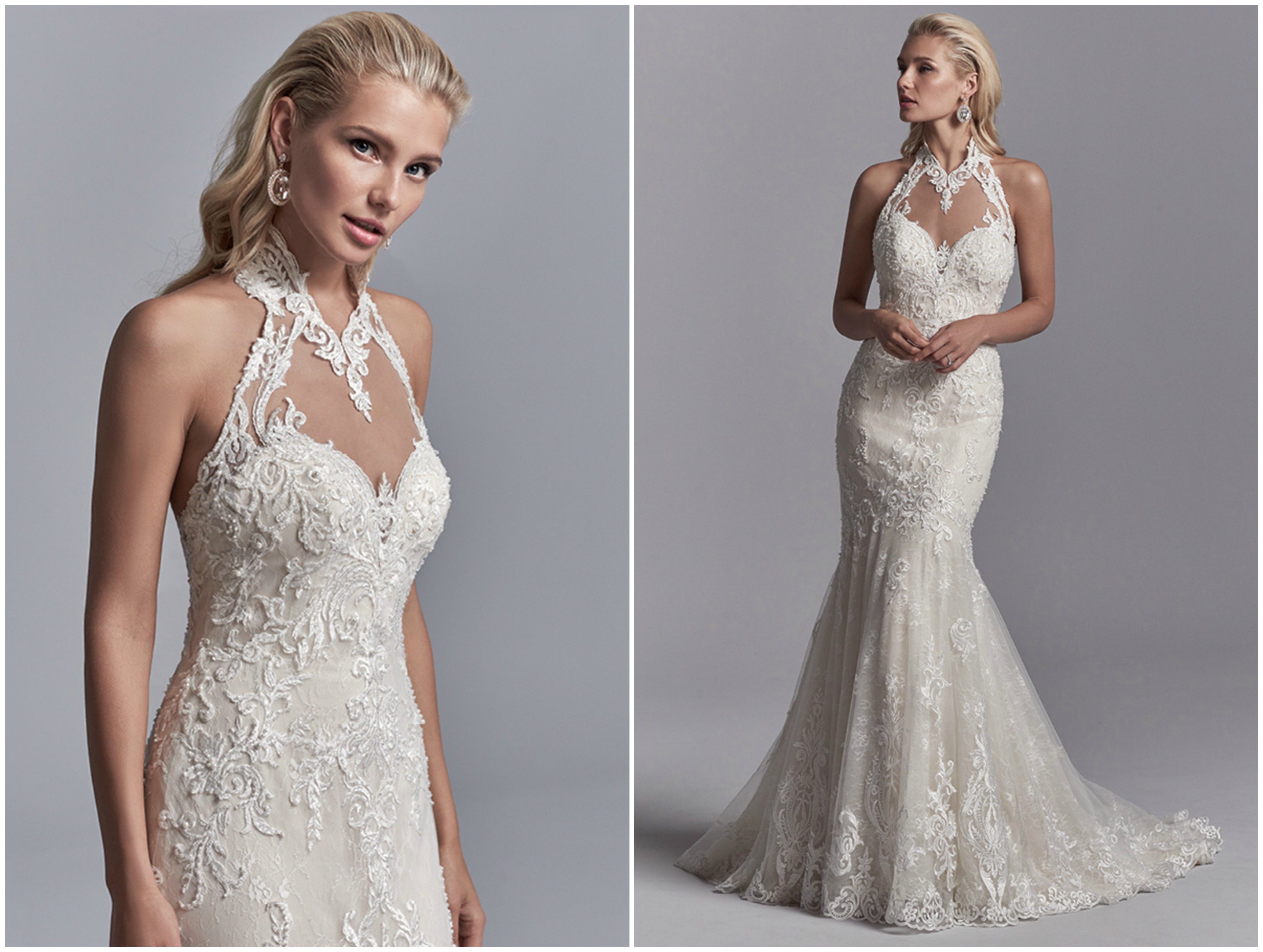Motivos de renda trabalhada e com missangas caem em cascata sobre tule texturizado neste vestido de noiva fit-and-flare, com decote coração que termina num efeito ilusão em formato halter. Costas descobertas, com parte do decote com efeito ilusão coberto por renda trabalhada. Acabamentos com botões de cristal sobre fecho de correr.
<a href="https://www.maggiesottero.com/sottero-and-midgley/nerida/11220?utm_source=zankyou&utm_medium=gowngallery" target="_blank">Sottero and Midgley</a>