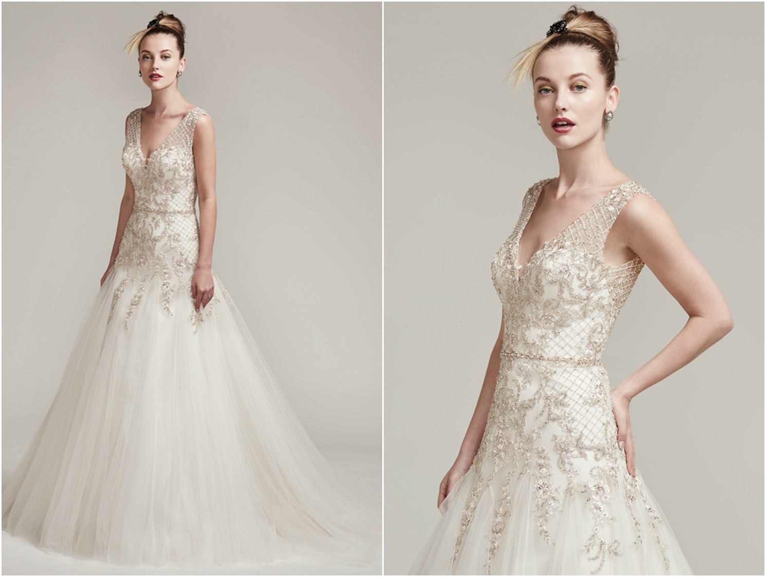 Tulle adds lightweight luxury to this breathtaking A-line wedding dress, featuring crosshatch embellishments of metallic threads, Swarovski crystals, and beads. Complete with beaded illusion lace straps, V-neckline plunging back, and beaded belt. Finished with crystal buttons over zipper closure.
<a href="https://www.maggiesottero.com/sottero-and-midgley/shauntelle/9883" target="_blank">Sottero & Midgley</a>