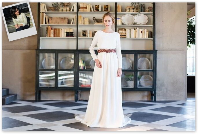 Para mim, estava claro. Sou muito alta e queria um vestido de queda natural e sem muito volume na saia, por isso, escolhi este modelo Chloe de David Christian. A sua simplicidade, o decote nas costas e o detalhe metálico na cintura, fazem dele o vestido perfeito para mim!
Vestido de noiva modelo Chloe, de David Christian. Credits: David Christian.