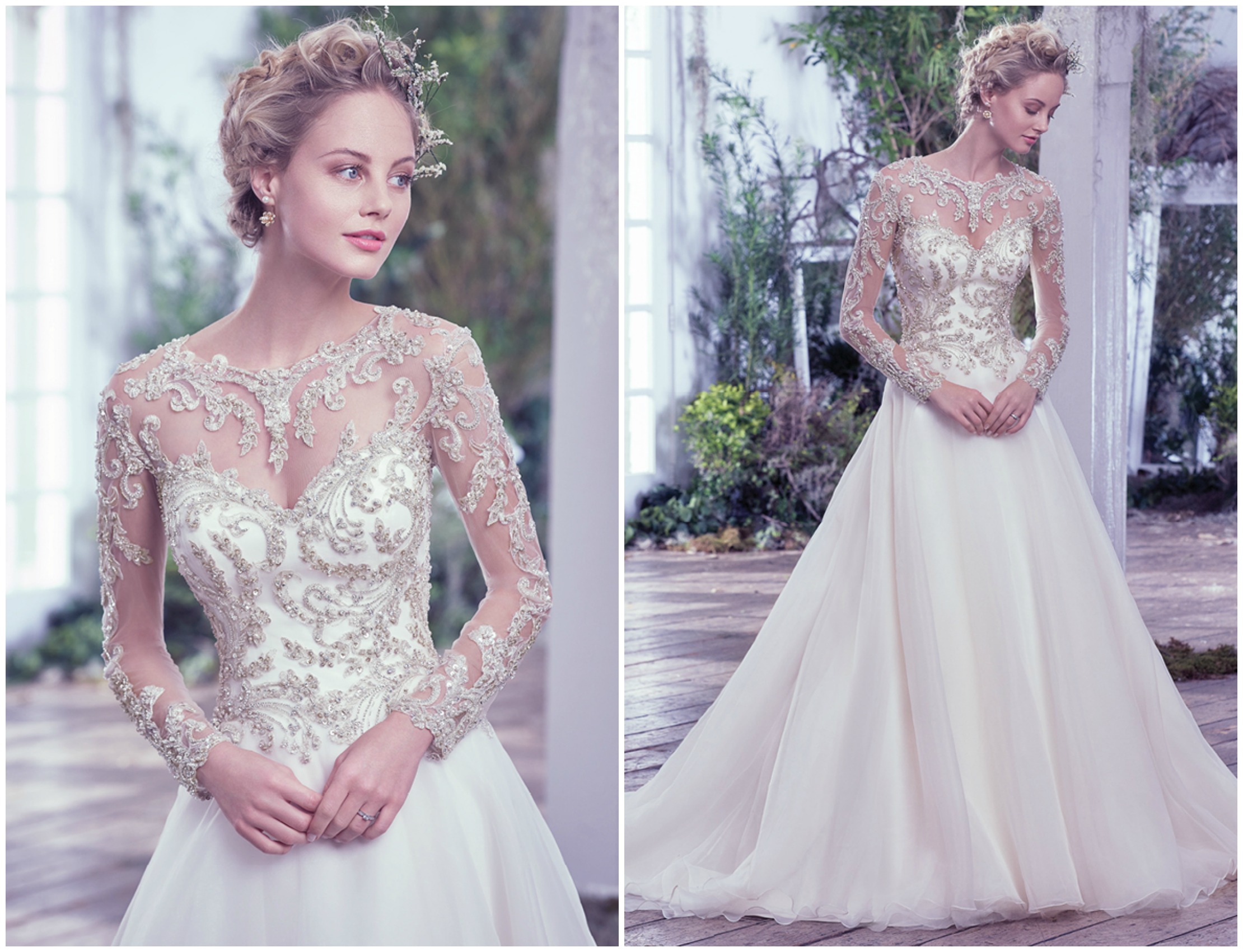 Rich and luxurious details elevate this grand ball gown wedding dress with a beaded bodice featuring Swarovski crystals and sweetheart neckline. Complete with a dramatically full Marquice organza skirt. Finished with crystal buttons over zipper and inner corset closure. Also available, an illusion tulle bodysuit intricately embellished with beaded lace appliqués and Swarovski crystals, a statement making back, jewel neckline, and long sleeves. Illusion tulle bodysuit with beaded lace appliqués featuring Swarovski crystals sold separately.
<a href="https://www.maggiesottero.com/maggie-sottero/lorenza/9707" target="_blank">Maggie Sottero</a>