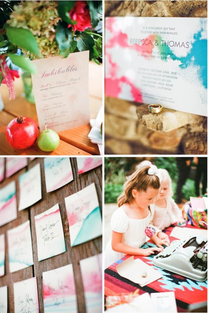 Una invitación de boda ylindos mensajes con decoraciones de acuarela - Foto Nancy Neil