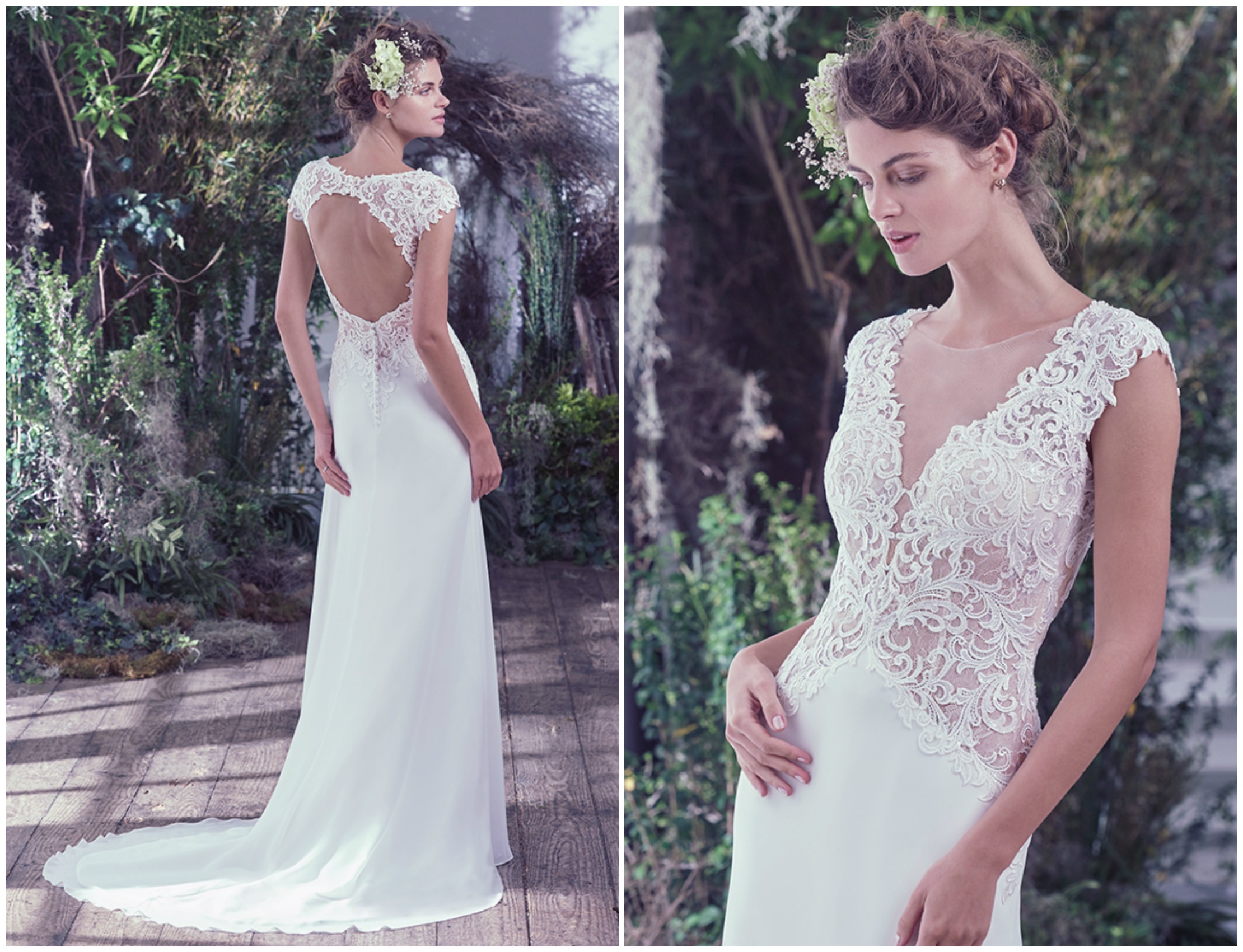 Vintage glamour is exuded from this sheath wedding dress with bold illusion lace, plunging V-neckline, and romantic illusion cap-sleeves, naturally falling into a slim Aurora chiffon skirt from a uniquely symmetrical waistline. Finished with a statement-making keyhole back and covered buttons over zipper closure.
<a href="https://www.maggiesottero.com/maggie-sottero/phaedra/9755" target="_blank">Maggie Sottero</a>
