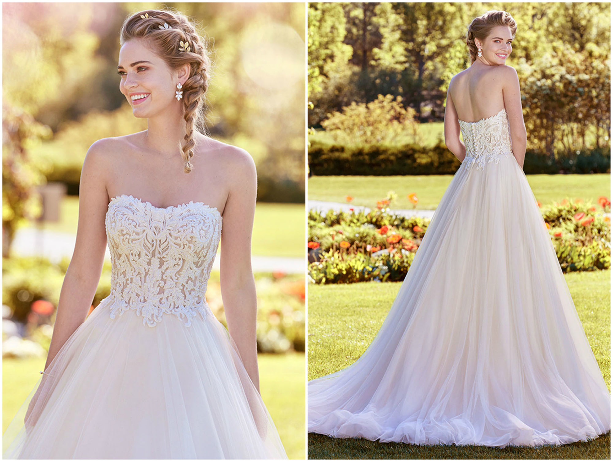 Vestido de noiva de corte princesa, com corpete adornado com rendas e pedraria, saia de tule e decote coração cai-cai. Acabamentos com botões de pérola sobre fecho de correr.
<a href="https://www.maggiesottero.com/rebecca-ingram/lavonne/11252?utm_source=zankyou&utm_medium=gowngallery" target="_blank">Rebecca Ingram</a>