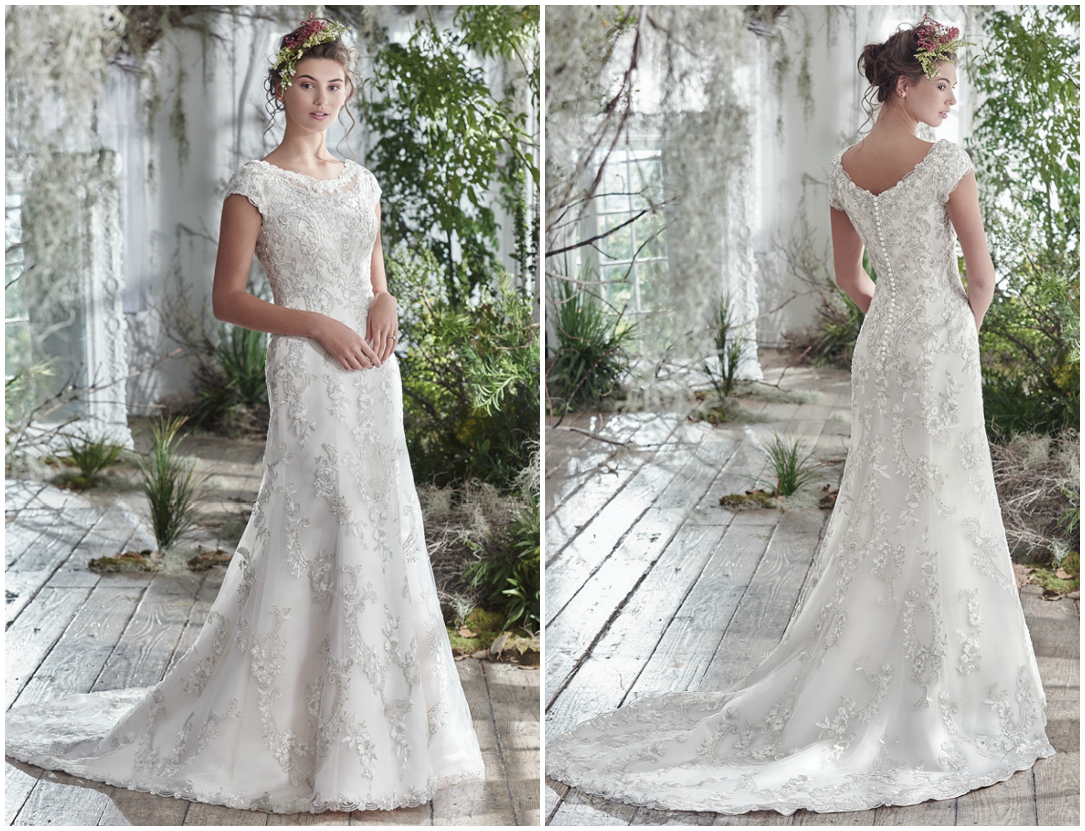 Intricately woven floral lace embellishments add dimension to this simultaneously elegant and classic sheath wedding dress. Additional lace details dust the illusion bateau neckline, cap-sleeves, and hemline. Finished with covered buttons over zipper and inner corset closure. 

<a href="https://www.maggiesottero.com/maggie-sottero/georgianna/9767" target="_blank">Maggie Sottero</a>