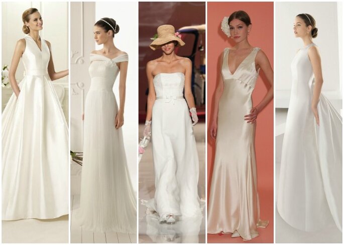 Tante proposte per la sposa che ama uno stile sobrio e minimal. Da sinistra: Pronovias, Aire Barcelona, Nicole Spose, Badgley & Mischka, Rosa Clarà.