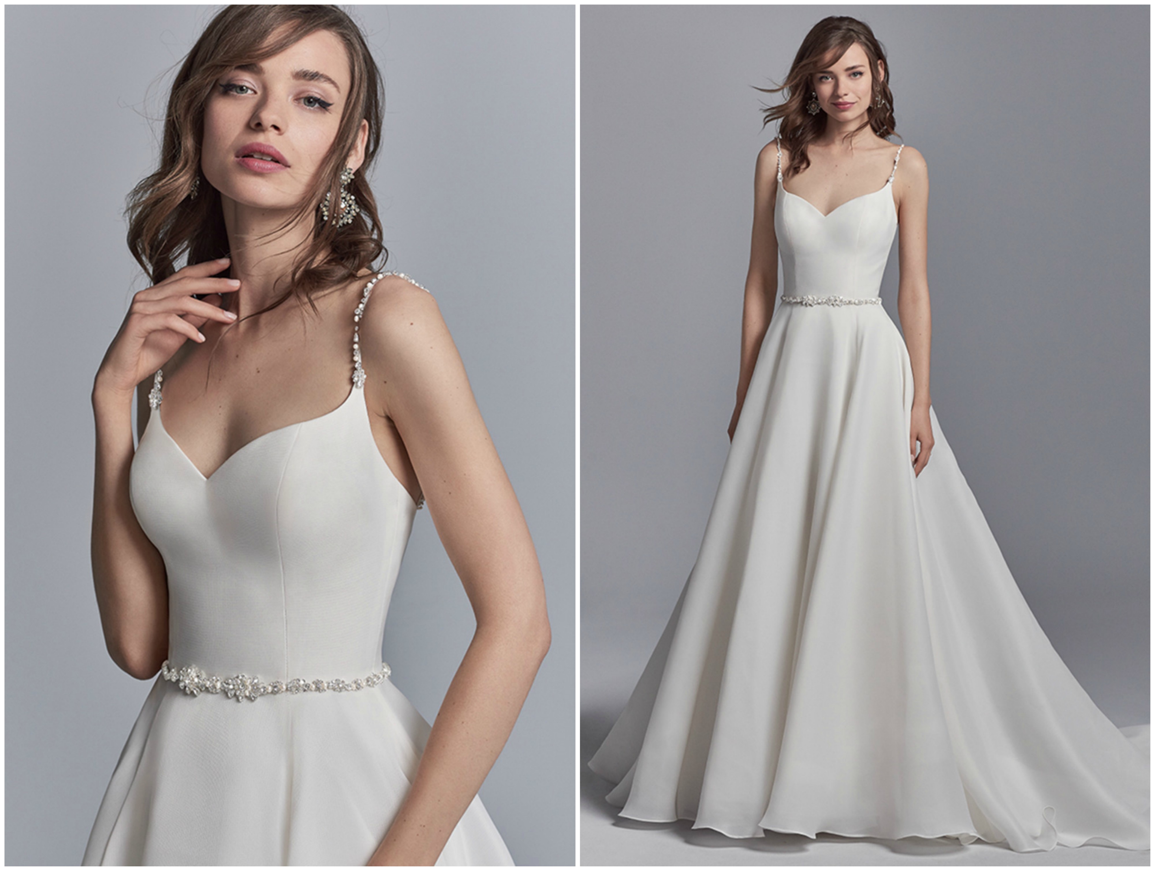 Composto por Shavon Organza, este clássico vestido de noiva apresenta alças finas e delicadas um cinto, ambos com missangas e acentuados em cristais Swarovski. Um decote coração completa este elegante vestido de linha A. Acabamentos com botões de cristal que se arrastam para a bainha sobre o fecho de correr.
<a href="https://www.maggiesottero.com/sottero-and-midgley/kyle/11215?utm_source=zankyou&utm_medium=gowngallery" target="_blank">Sottero and Midgley</a>