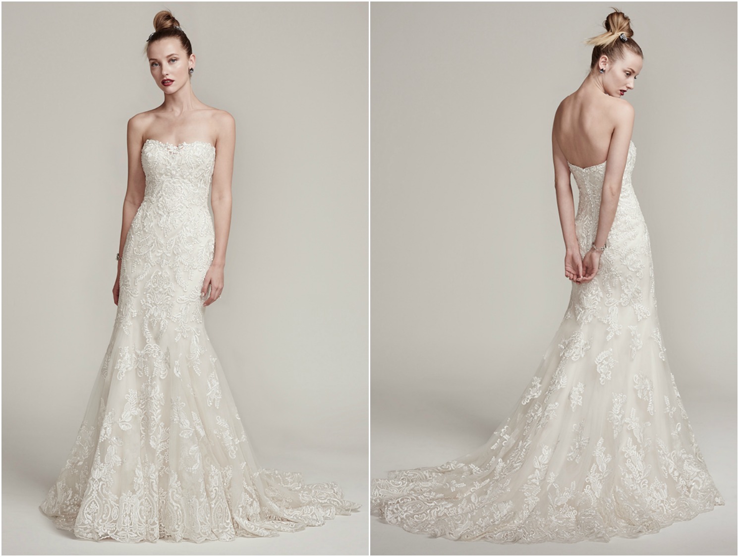 Exquisite embroidered lace covers this sophisticated fit and flare wedding dress, embellished with Swarovski crystals and beads. Complete with an illusion sweetheart neckline and scalloped lace hemline flowing into an elegant train. Finished with crystal buttons over zipper and inner corset closure. 

<a href="https://www.maggiesottero.com/sottero-and-midgley/tessa/9886" target="_blank">Sottero &amp; Midgley</a>