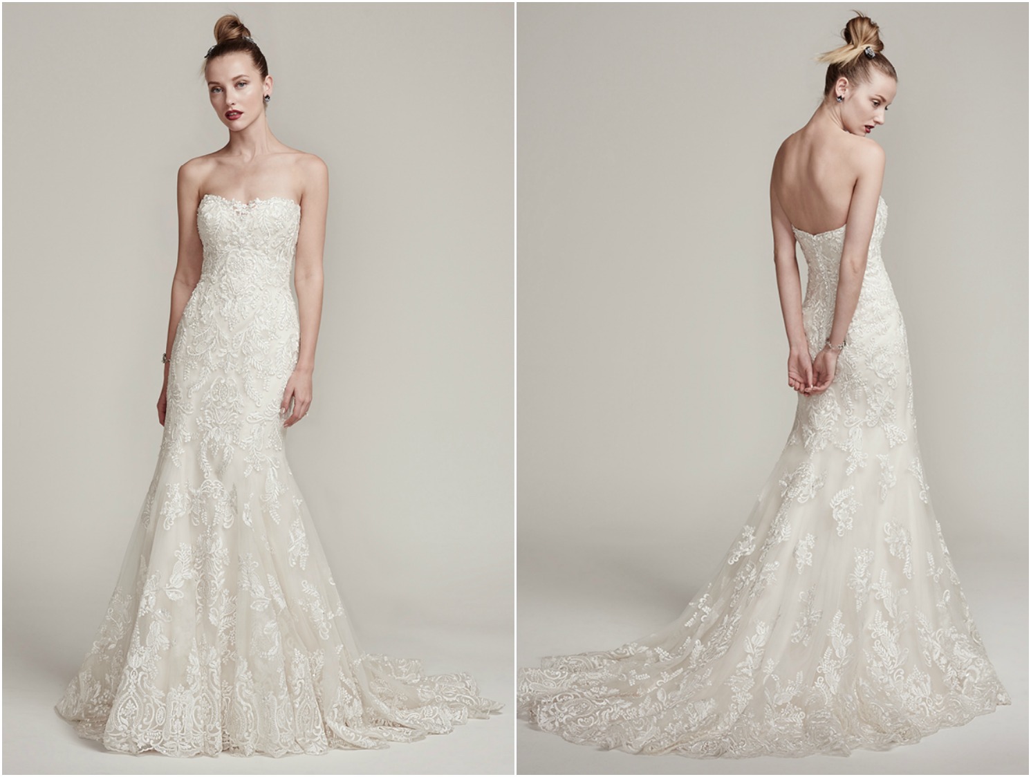 Exquisite embroidered lace covers this sophisticated fit and flare wedding dress, embellished with Swarovski crystals and beads. Complete with an illusion sweetheart neckline and scalloped lace hemline flowing into an elegant train. Finished with crystal buttons over zipper and inner corset closure.
<a href="https://www.maggiesottero.com/sottero-and-midgley/tessa/9886" target="_blank">Sottero & Midgley</a>