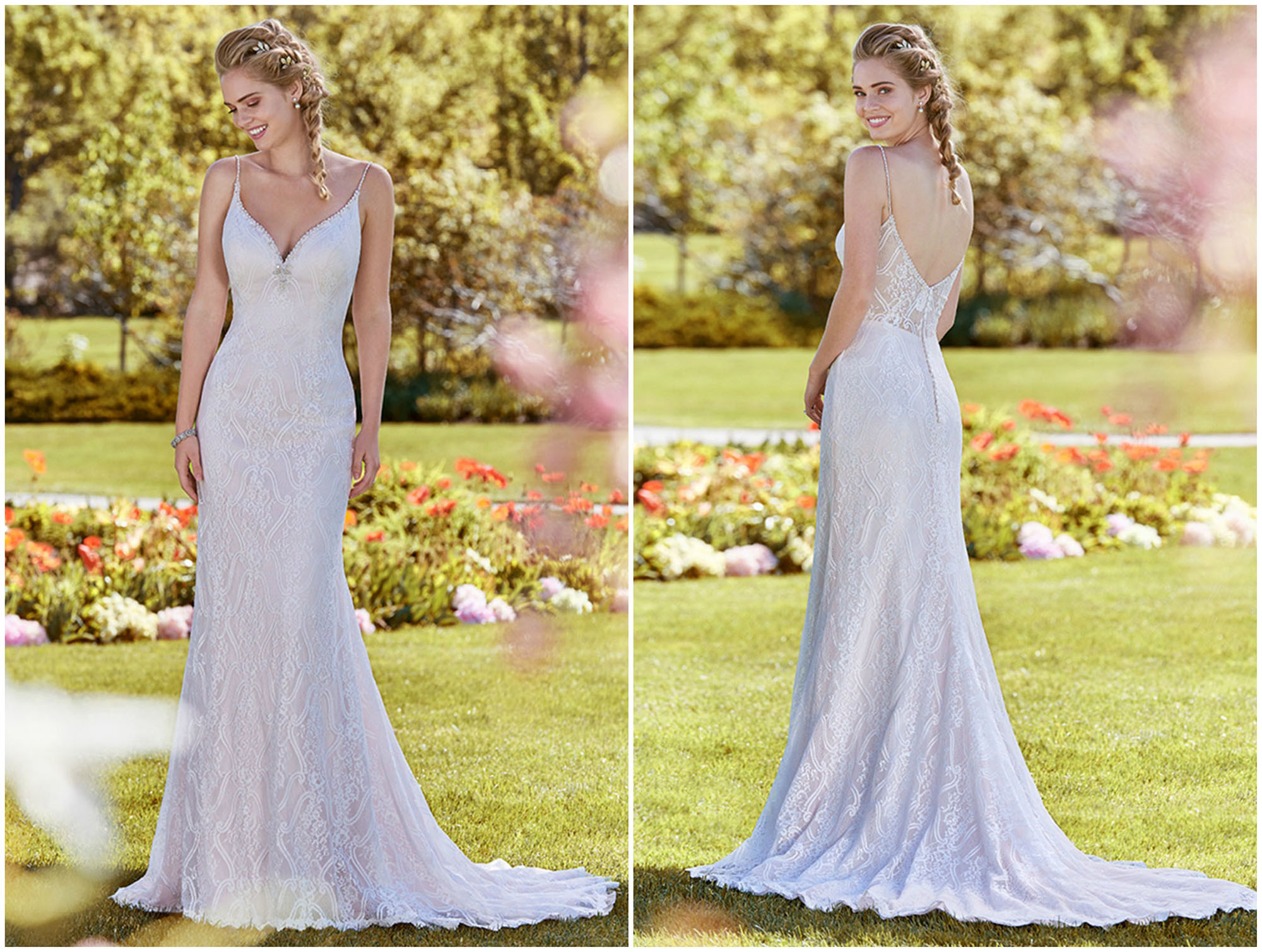 Vestido de noiva fit-and-flare, coberto por motivos de renda trabalhados. As brilhantes pedrarias e os cristais Swarovski adornam o decote coração e alças spaguetti, deslizando em V para as costas, acentuada em motivos de renda. Acabamentos com botões forrados sobre fecho de correr. Possui uma saia em tule removível, acentuada por pérolas e cristais Swarovski vendida separadamente.
<a href="https://www.maggiesottero.com/rebecca-ingram/polly/11263?utm_source=zankyou&utm_medium=gowngallery" target="_blank">Rebecca Ingram</a>