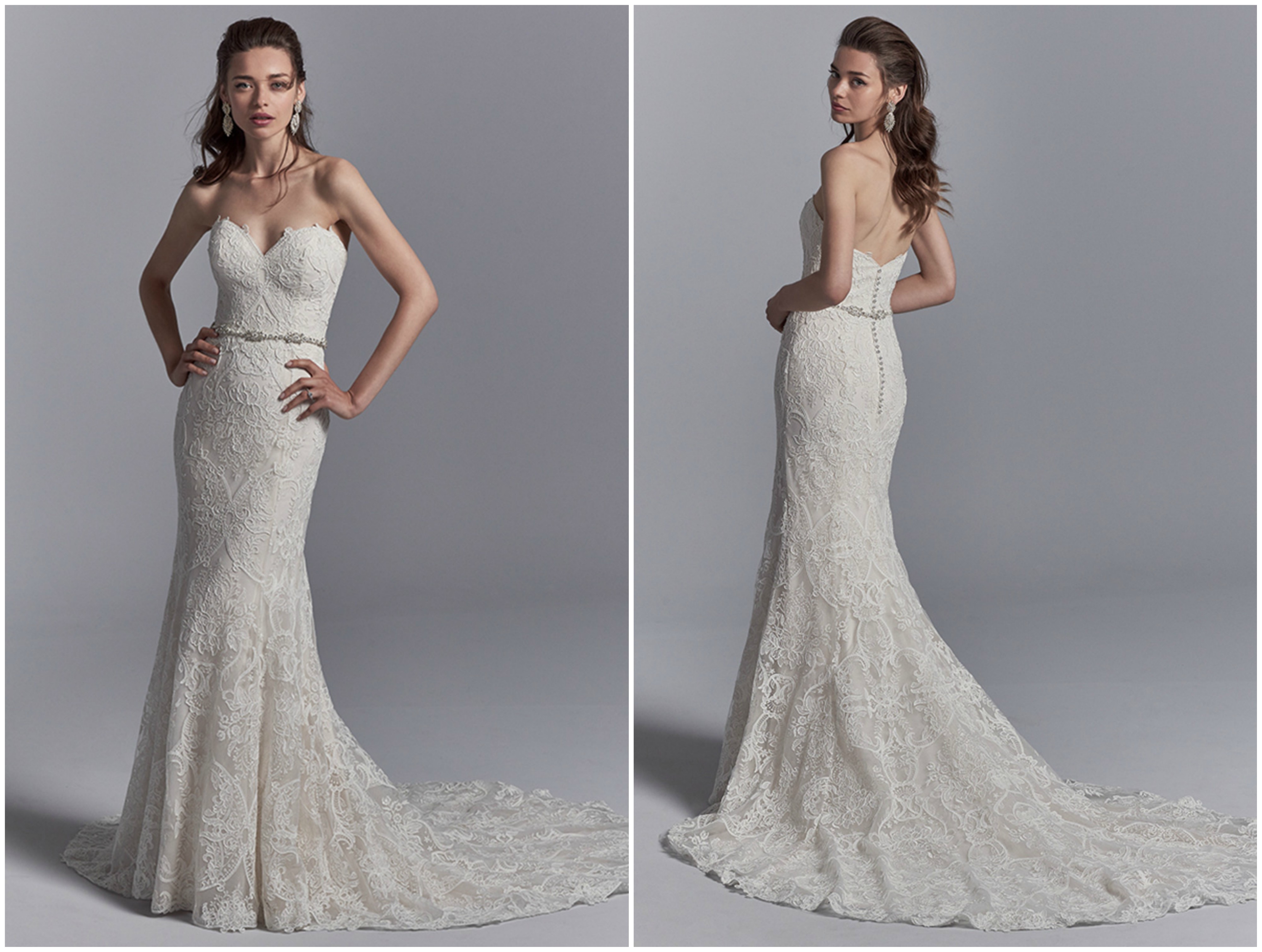 Este elegante vestido de noiva cai-cai com decote em forma de coração apresenta detalhes de renda ao longo de toda a figura, sendo forrado para um ajuste luxuoso. Acabamentos de botões de cristal sobre fecho de correr. Cinto destacável de pedraria e cristais Swarovski vendido à parte.
<a href="https://www.maggiesottero.com/sottero-and-midgley/graham/11211?utm_source=zankyou&utm_medium=gowngallery">Sottero and Midgley</a>