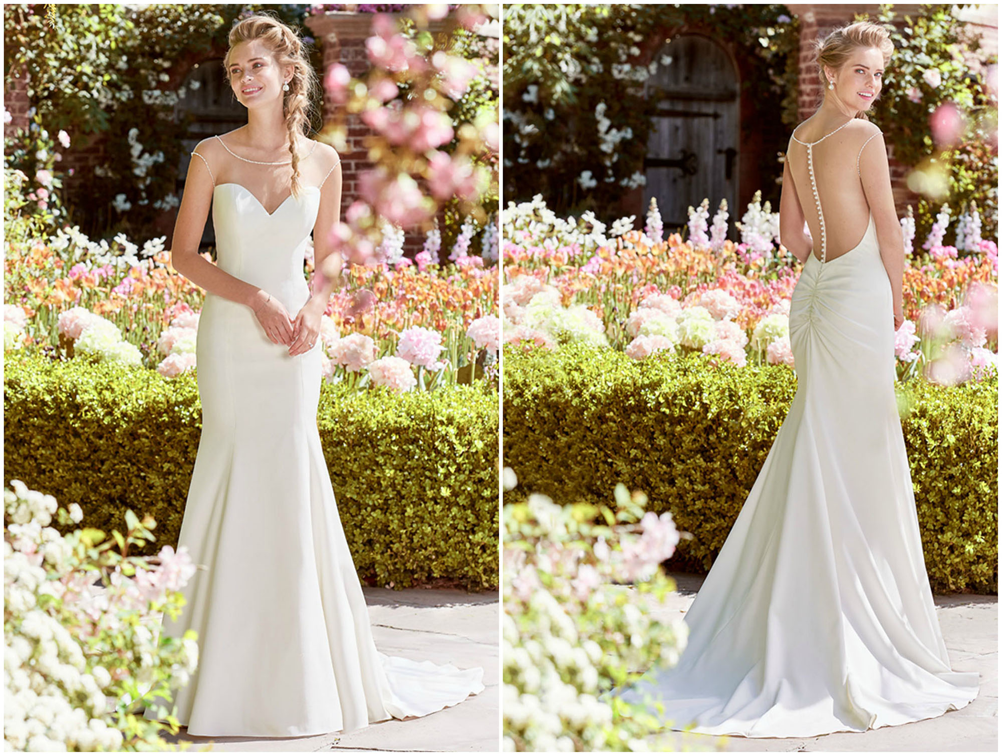Modelo com um tule transparente (ilusão) sobre um decote coração, de manga curta rematada com pérolas e missangas. Acabamentos com botões de pérola e fecho de correr.
<a href="https://www.maggiesottero.com/rebecca-ingram/ingrid/11246?utm_source=zankyou&utm_medium=gowngallery" target="_blank">Rebecca Ingram</a>