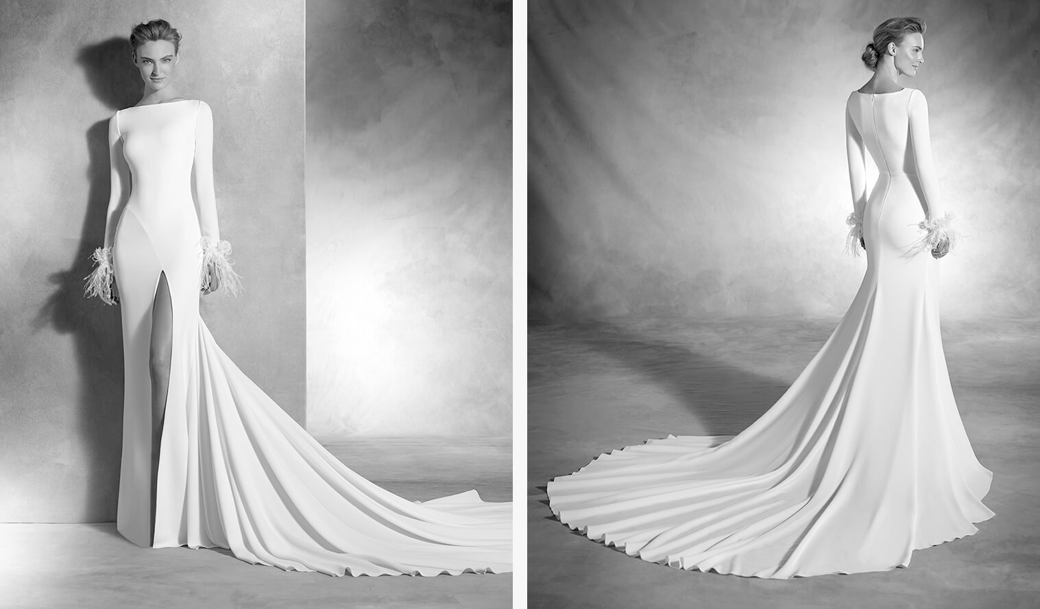 Deslumbrante vestido de noiva em crepe e organza de silhueta sereia. O seu decote em barco, a manga comprida com aplicações de pedraria e penas, e a saia aberta conferem sensualidade a este vestido de estilo moderno.