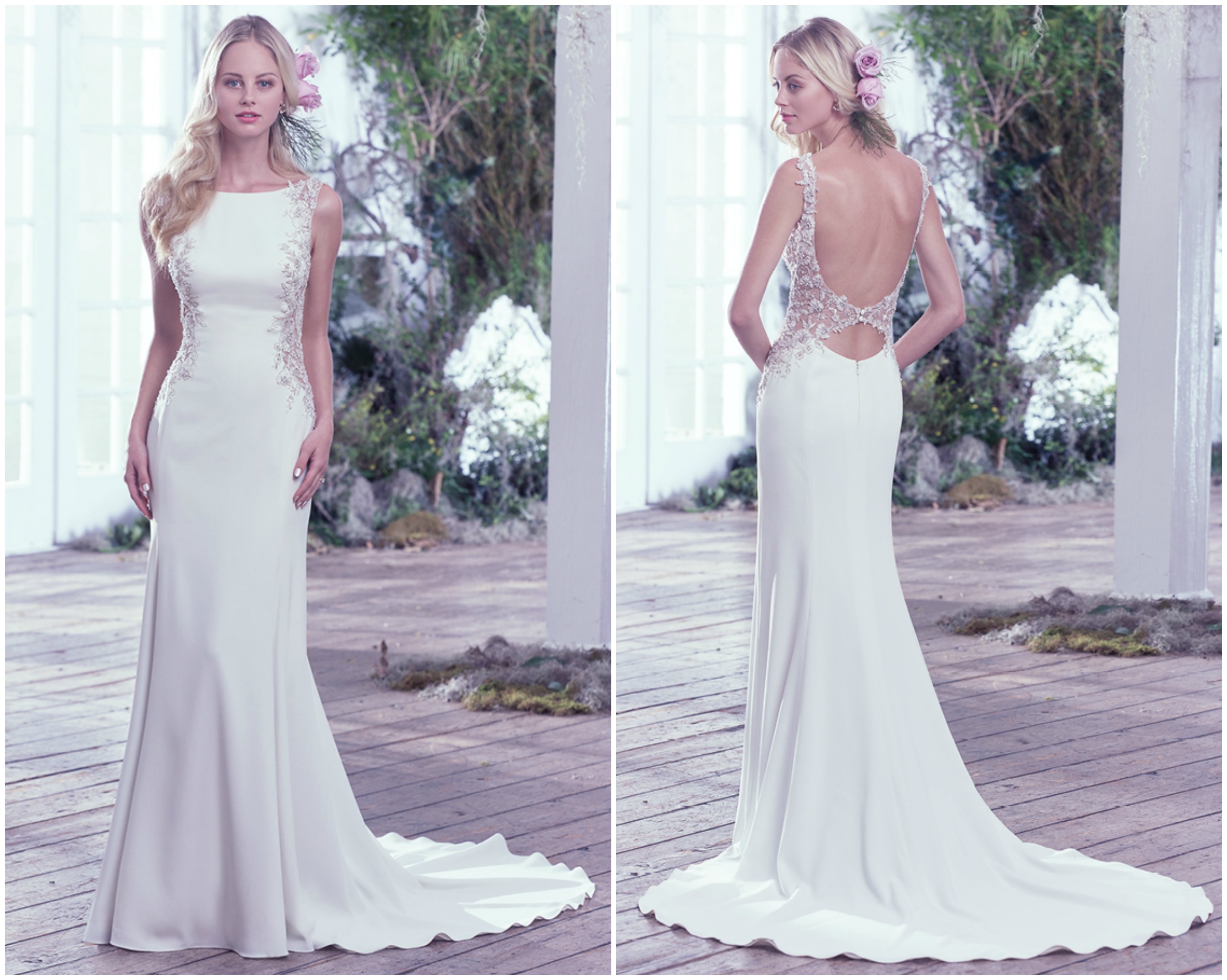 A dramatic scoop back is accented with an illusion closure creating a sexy keyhole below the natural waist. Artfully placed lace embellishments featuring Swarovski crystals adorn each illusion side panel adding a modern twist to this Yolivia Crepe satin sheath wedding dress with high bateau neckline. Finished with a zipper closure.
<a href="https://www.maggiesottero.com/maggie-sottero/andie/9751" target="_blank">Maggie Sottero</a>