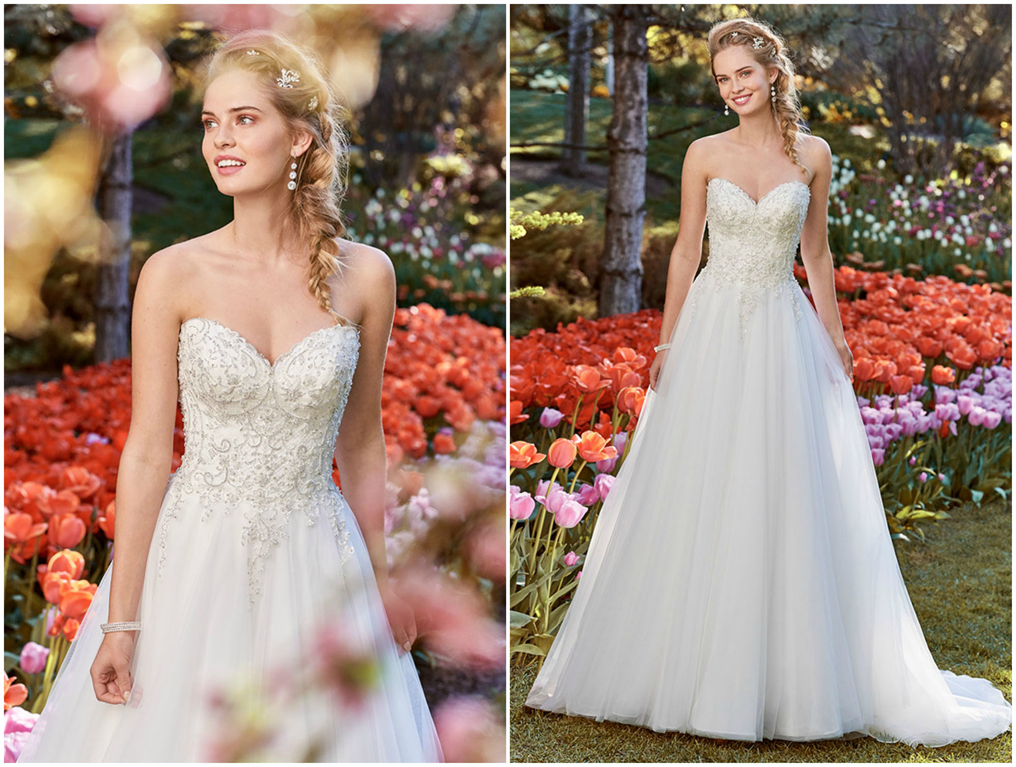 Este vestido de noiva de corte princesa apresenta um corpete acentuado com aplicações de renda com pedraria e cristais Swarovski, por cima de uma saia de tule. Completo com decote coração caicai e suave decote em V nas costas. Acabamentos com botões de cristal e fecho interno de espartilho.
<a href="https://www.maggiesottero.com/rebecca-ingram/muriel/11259?utm_source=zankyou&utm_medium=gowngallery" target="_blank">Rebecca Ingram</a>