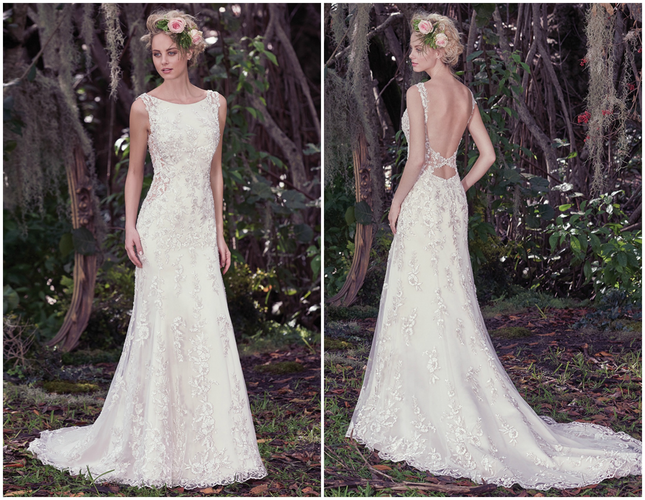 Illusion side panels and a daring open back with strap and covered buttons add a sexy touch to an otherwise traditional style. Elegant and classic, this A-Line wedding dress with bateau neckline, flaunts exquisite beading and an ultra-feminine shape. Swarovski crystals adorn appliquéd lace on tulle from shoulder to scalloped hem. Finished with zipper closure.
<a href="https://www.maggiesottero.com/maggie-sottero/aspen/9700" target="_blank">Maggie Sottero</a>