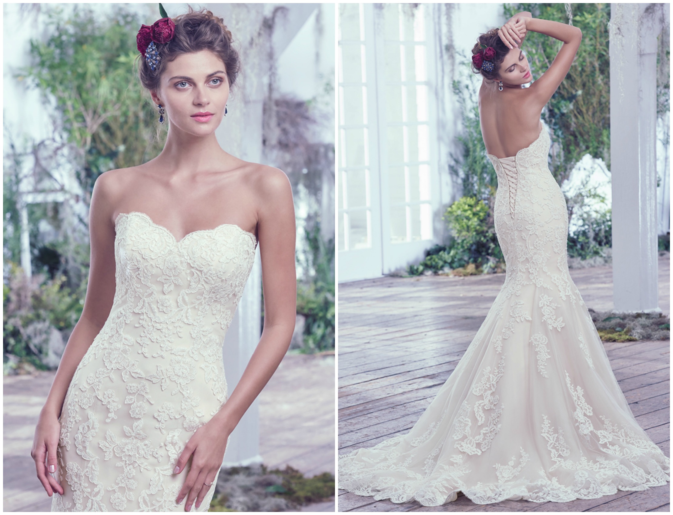 Lace artfully placed atop tulle adds sophistication to this feminine fit and flare wedding dress. Finished with a soft sweetheart neckline, scalloped hemline, and corset closure.
<a href="https://www.maggiesottero.com/maggie-sottero/valerie/9694" target="_blank">Maggie Sottero</a>