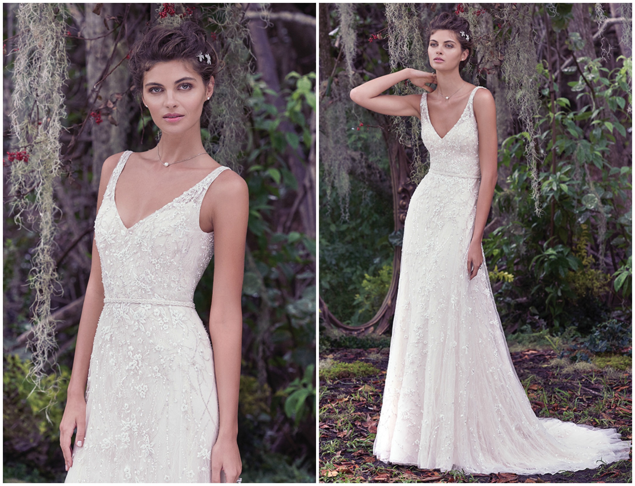 Dreamy and alluring, this A-line wedding dress features a Vogue satin slip and an intricately embroidered overlay with lace. A plunging V-back and beaded belt completes this romantic gown. Finished with covered buttons over zipper closure. 

<a href="https://www.maggiesottero.com/maggie-sottero/jorie/9704" target="_blank">Maggie Sottero</a>
