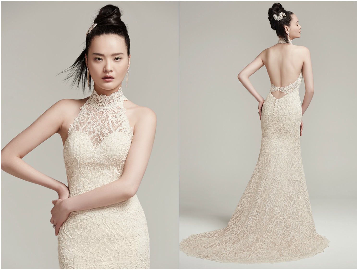 This modern allover lace sheath wedding dress features sexy elements including a statement-making illusion lace halter neckline and daring open back with illusion lace strap. Finished with covered buttons over zipper closure.
<a href="https://www.maggiesottero.com/sottero-and-midgley/hunter/9855" target="_blank">Sottero & Midgley</a>
